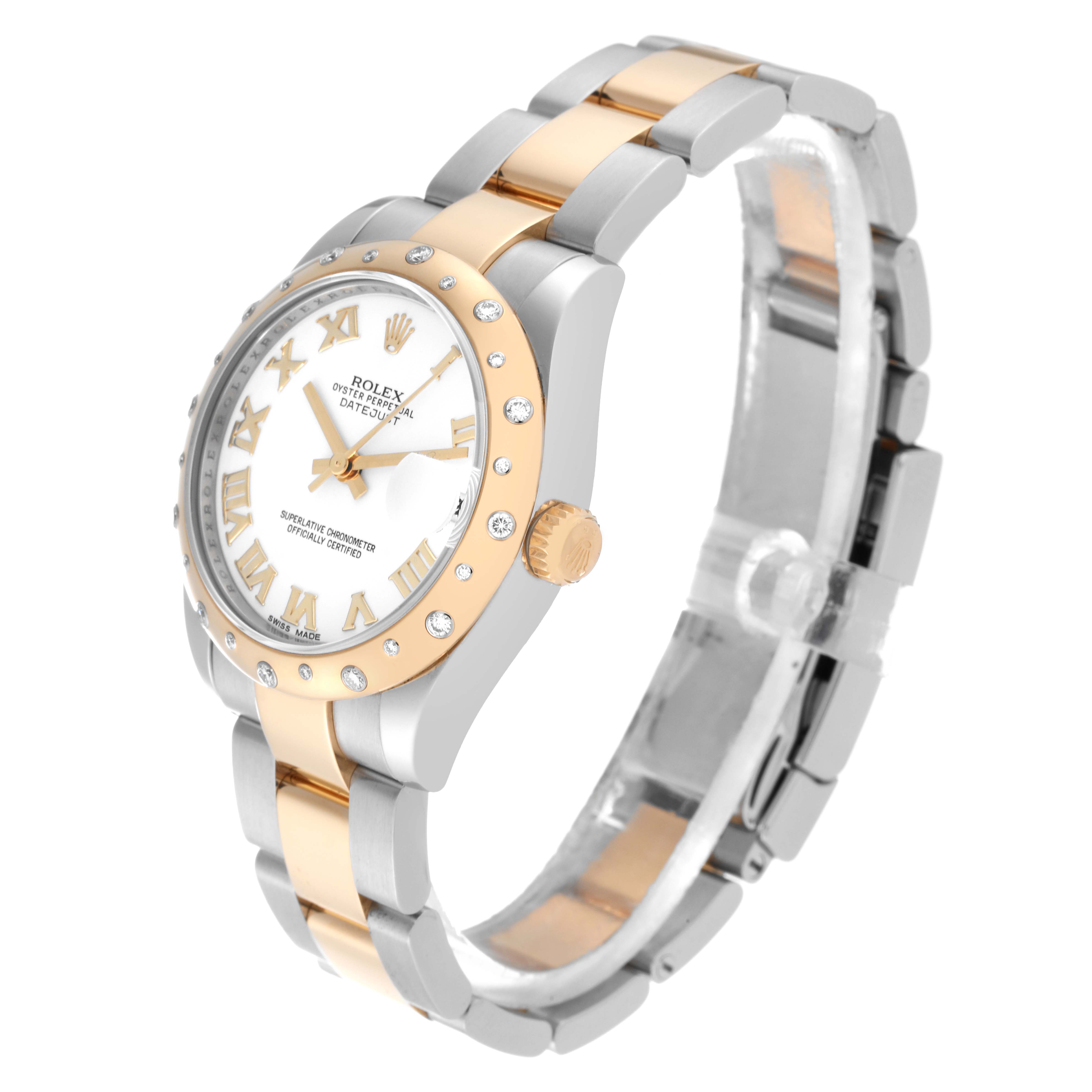 The image shows a Rolex Datejust 178343 Women's Steel and Gold (two tone) White Dial 178343 Women's Steel and Gold (two tone) White Dial watch at a slight angle, highlighting its face, bezel, crown, and bracelet.