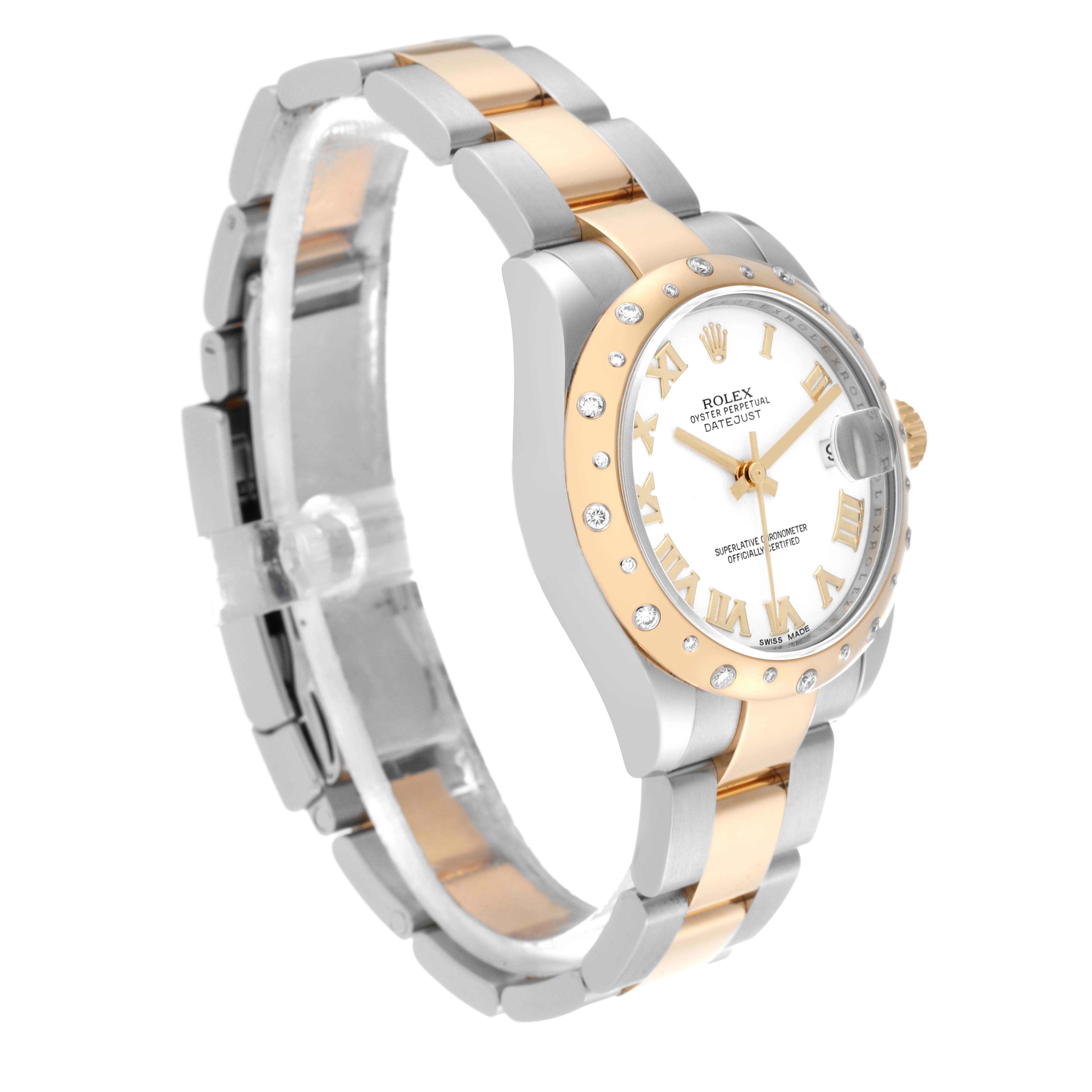 The Rolex Datejust 178343 Women's Steel and Gold (two tone) White Dial 178343 Women's Steel and Gold (two tone) White Dial is shown at a three-quarter angle emphasizing the two-tone bracelet, bezel, and dial with Roman numerals.