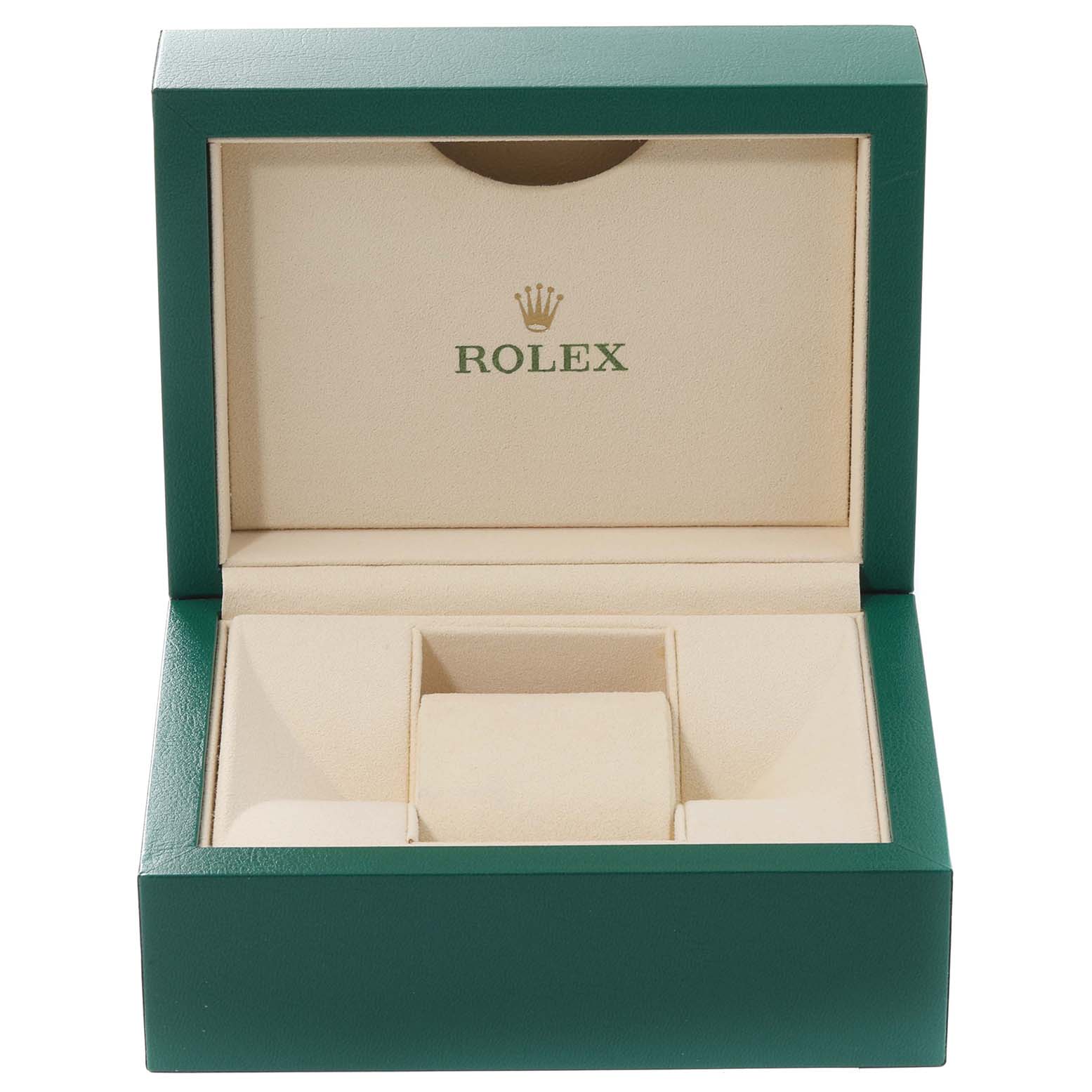 An open Rolex Datejust 178343 Women's Steel and Gold (two tone) White Dial 178343 Women's Steel and Gold (two tone) White Dial watch box is shown from a front angle, displaying the inner compartments and the Rolex logo.