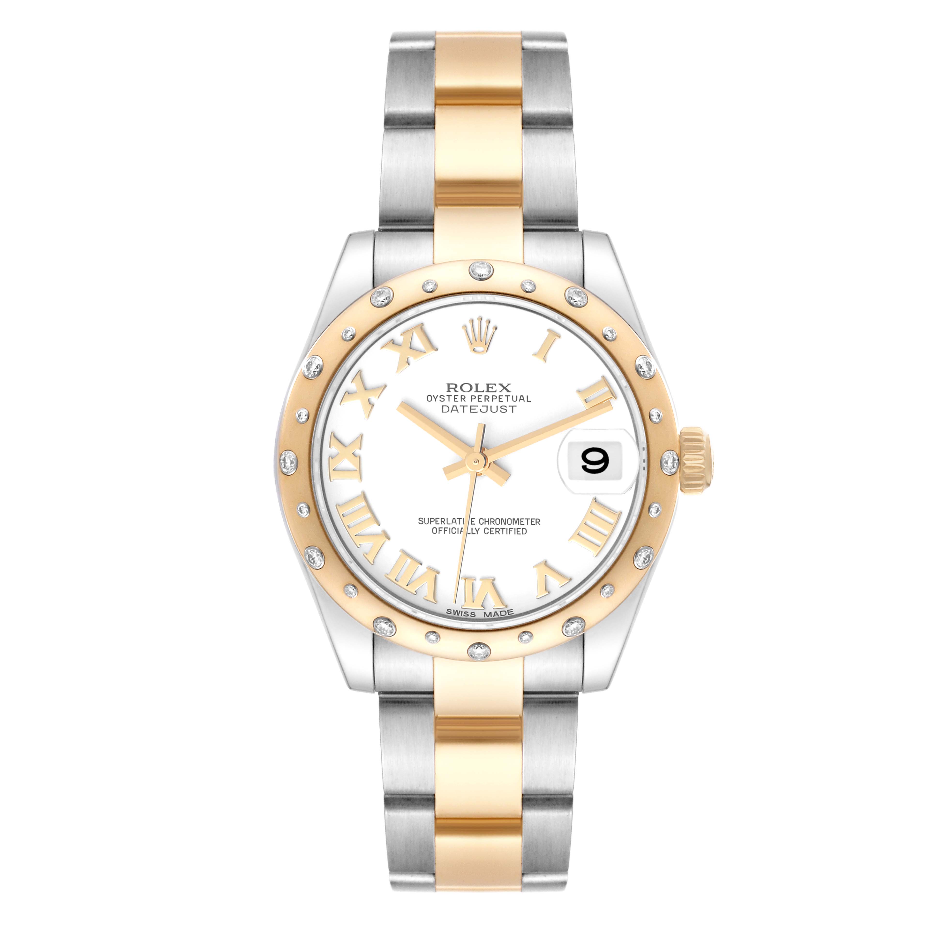 This is a front view of the Rolex Datejust 178343 Women's Steel and Gold (two tone) White Dial 178343 Women's Steel and Gold (two tone) White Dial watch featuring the dial, bezel, and bracelet.
