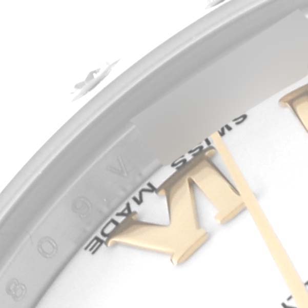 The image shows a close-up of the dial and part of the "VI" hour marker on a Rolex Datejust 178343 Women's Steel and Gold (two tone) White Dial 178343 Women's Steel and Gold (two tone) White Dial watch.