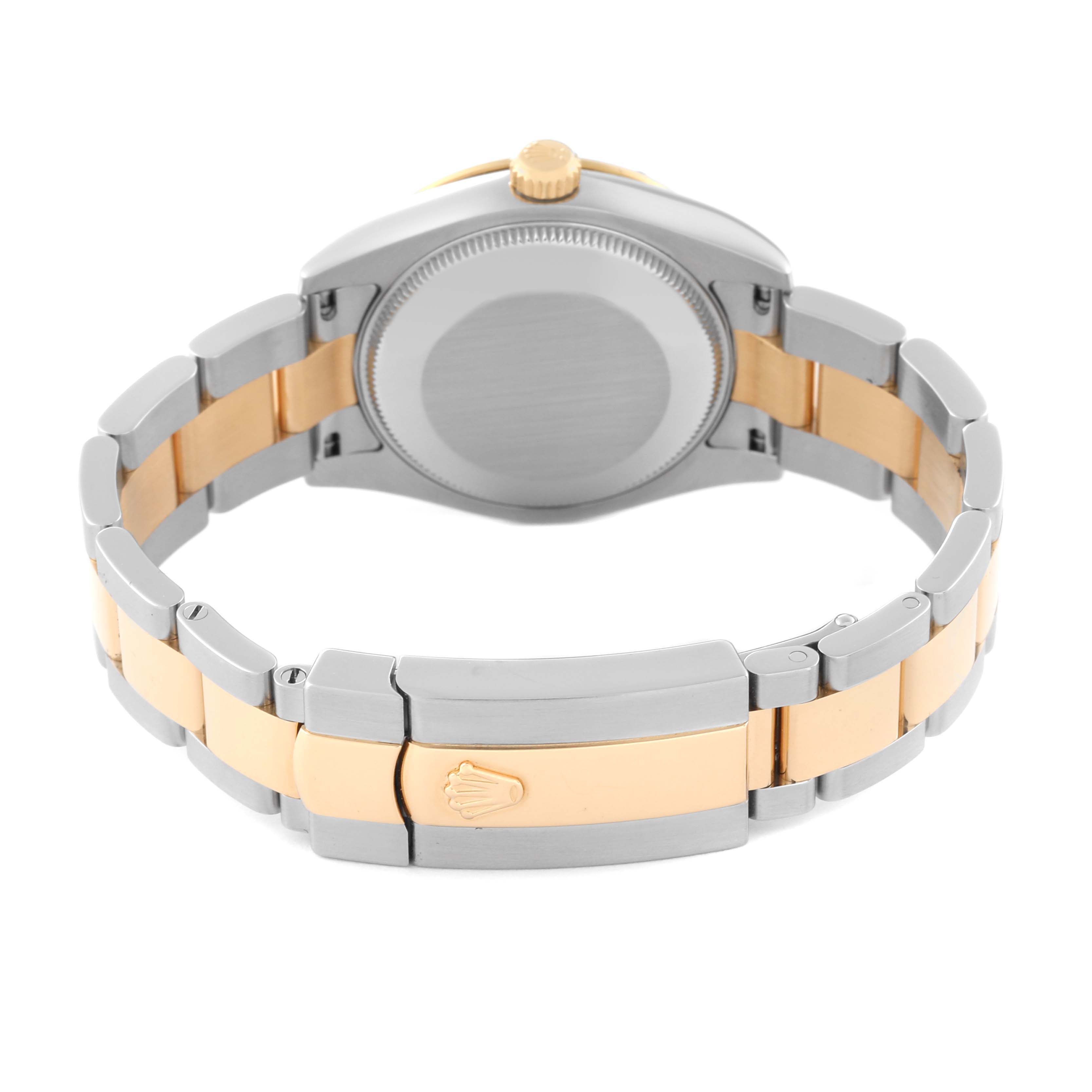 This Rolex Datejust 178343 Women's Steel and Gold (two tone) White Dial 178343 Women's Steel and Gold (two tone) White Dial watch is shown from the back, highlighting its two-tone bracelet and closed clasp with the Rolex logo.