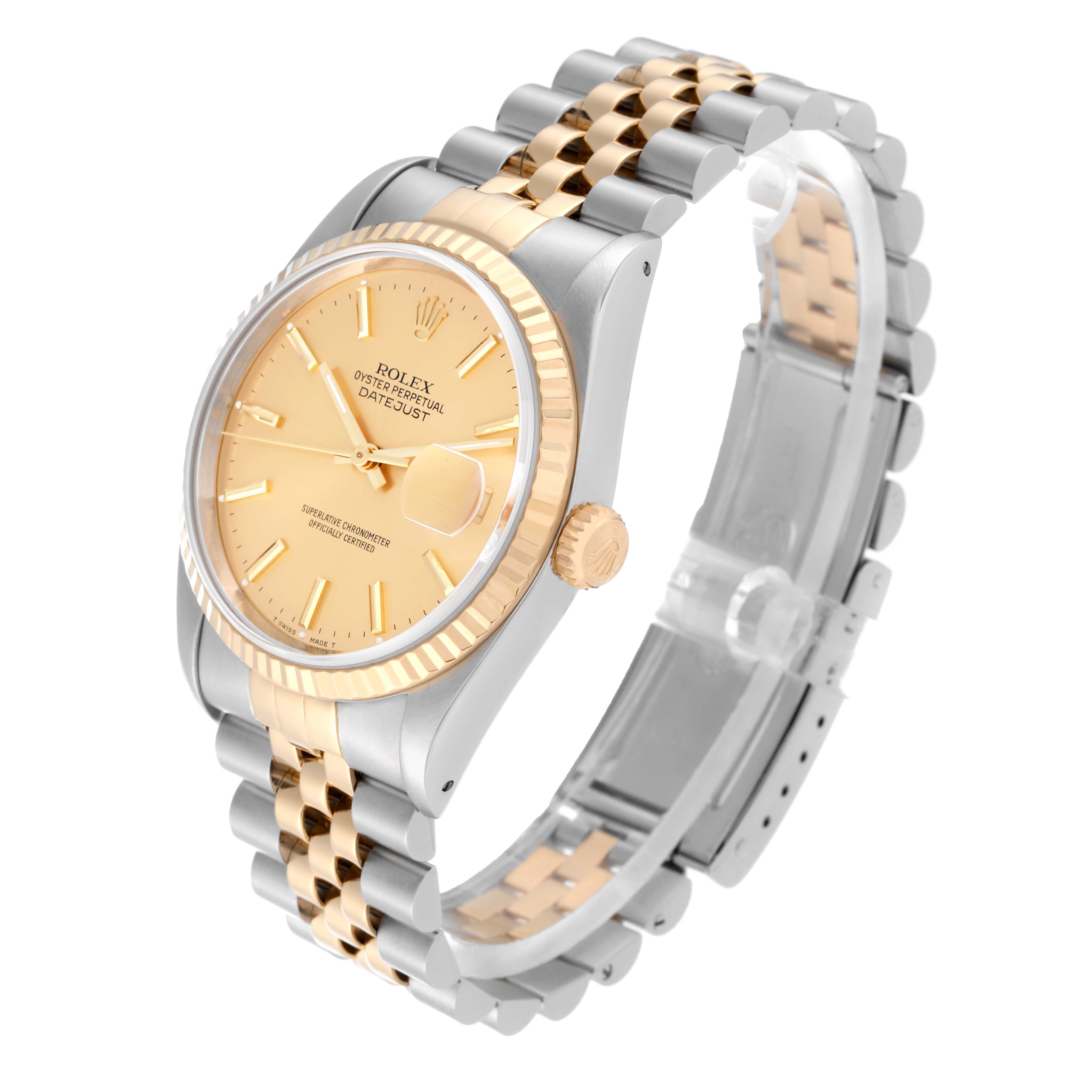 The image shows a Rolex Datejust 16233 Men's Steel and Gold (two tone) Black Dial 16233 Men's Steel and Gold (two tone) Black Dial watch angled to display the face, bezel, crown, and two-tone bracelet.