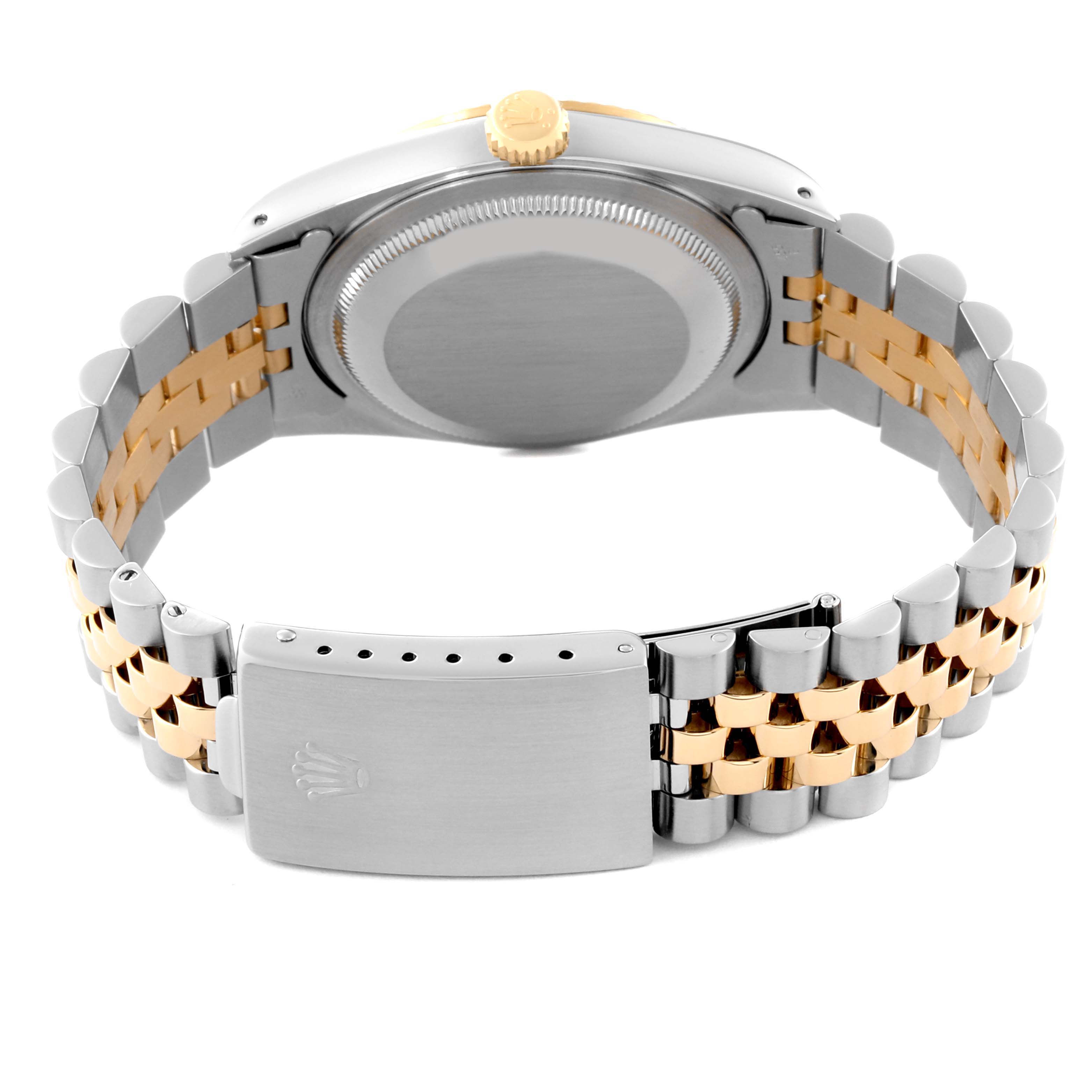 This image shows the back case, crown, and clasp of a Rolex Datejust 16233 Men's Steel and Gold (two tone) Black Dial 16233 Men's Steel and Gold (two tone) Black Dial watch at an angle displaying the bracelet.