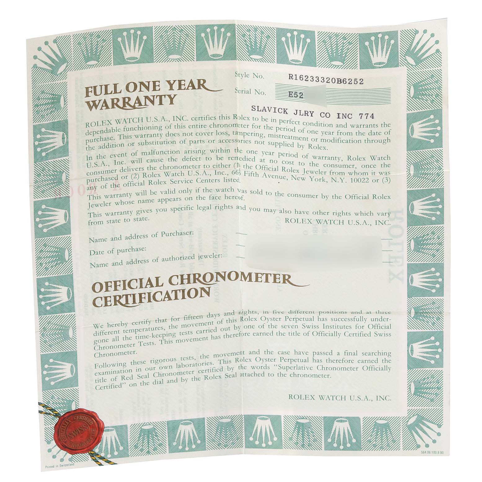 This image shows a full one-year warranty and official chronometer certification document for a Rolex Datejust 16233 Men's Steel and Gold (two tone) Black Dial 16233 Men's Steel and Gold (two tone) Black Dial model watch.