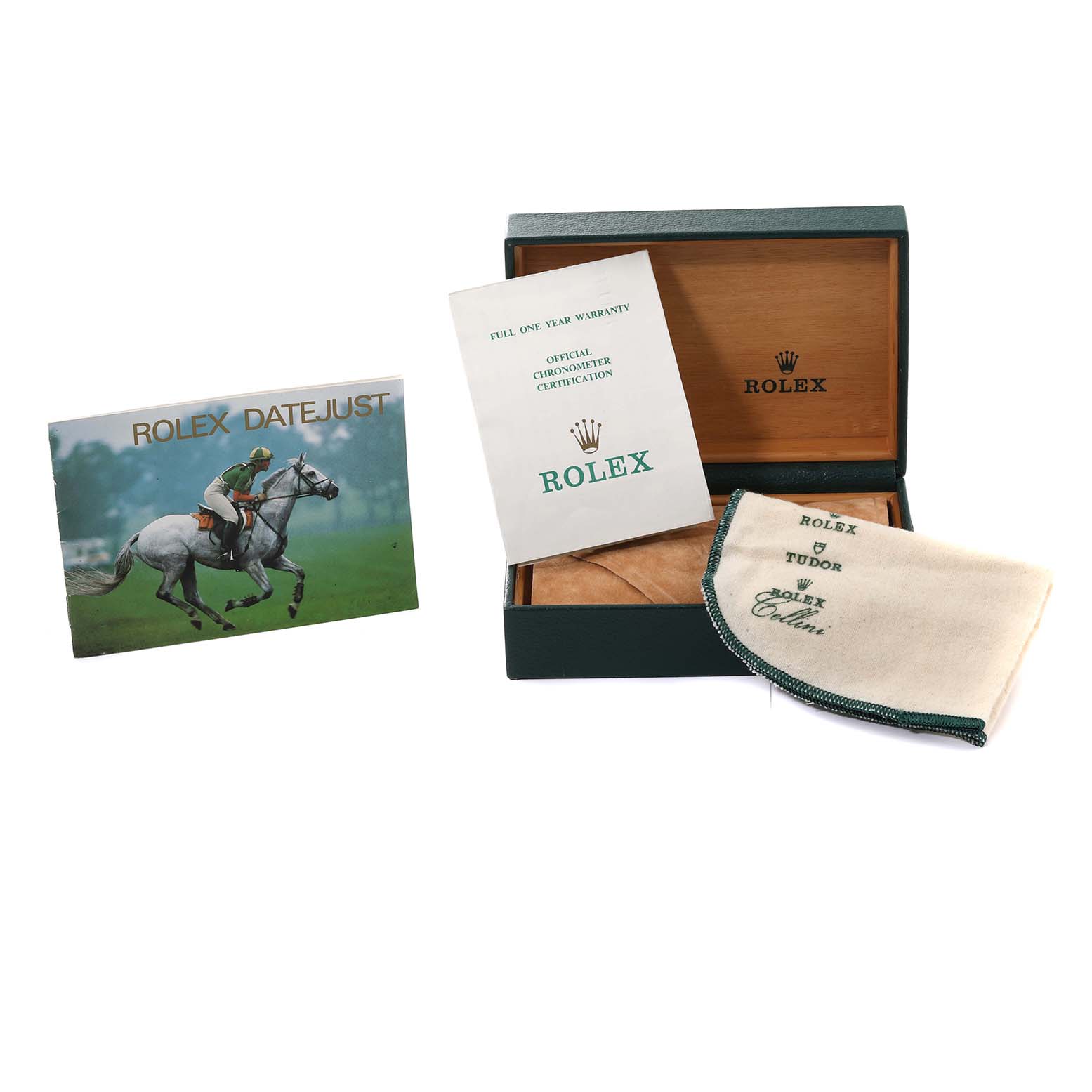 This image shows a Rolex Datejust 16233 Men's Steel and Gold (two tone) Black Dial 16233 Men's Steel and Gold (two tone) Black Dial box, a booklet, a certification card, and a cloth, all displayed from a front angle.