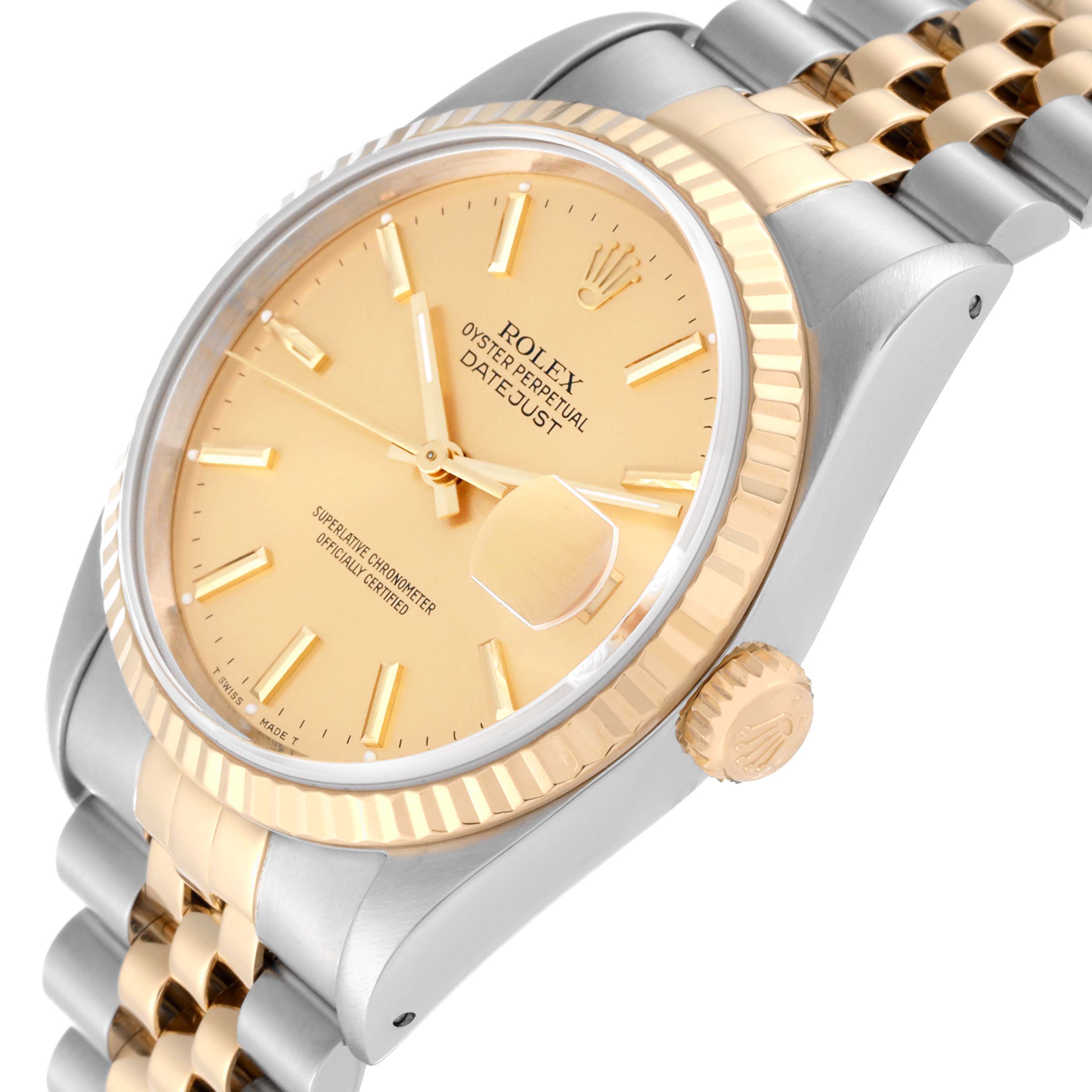 The image shows a close-up angled view of the Rolex Datejust 16233 Men's Steel and Gold (two tone) Black Dial 16233 Men's Steel and Gold (two tone) Black Dial watch, highlighting its dial, bezel, crown, and part of its bracelet.