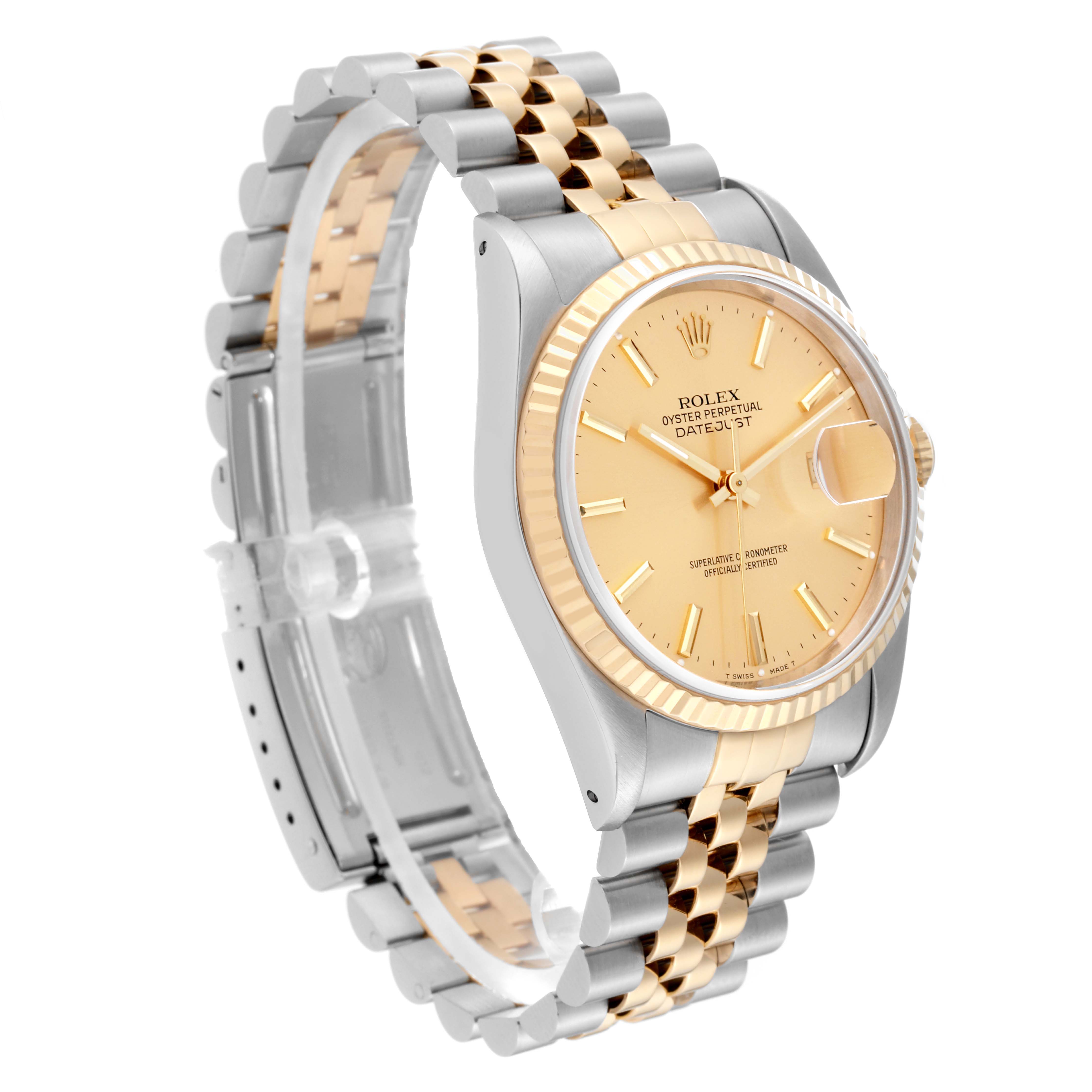 The image shows a Rolex Datejust 16233 Men's Steel and Gold (two tone) Black Dial 16233 Men's Steel and Gold (two tone) Black Dial watch at a side angle, highlighting its gold and stainless steel bracelet and champagne dial.