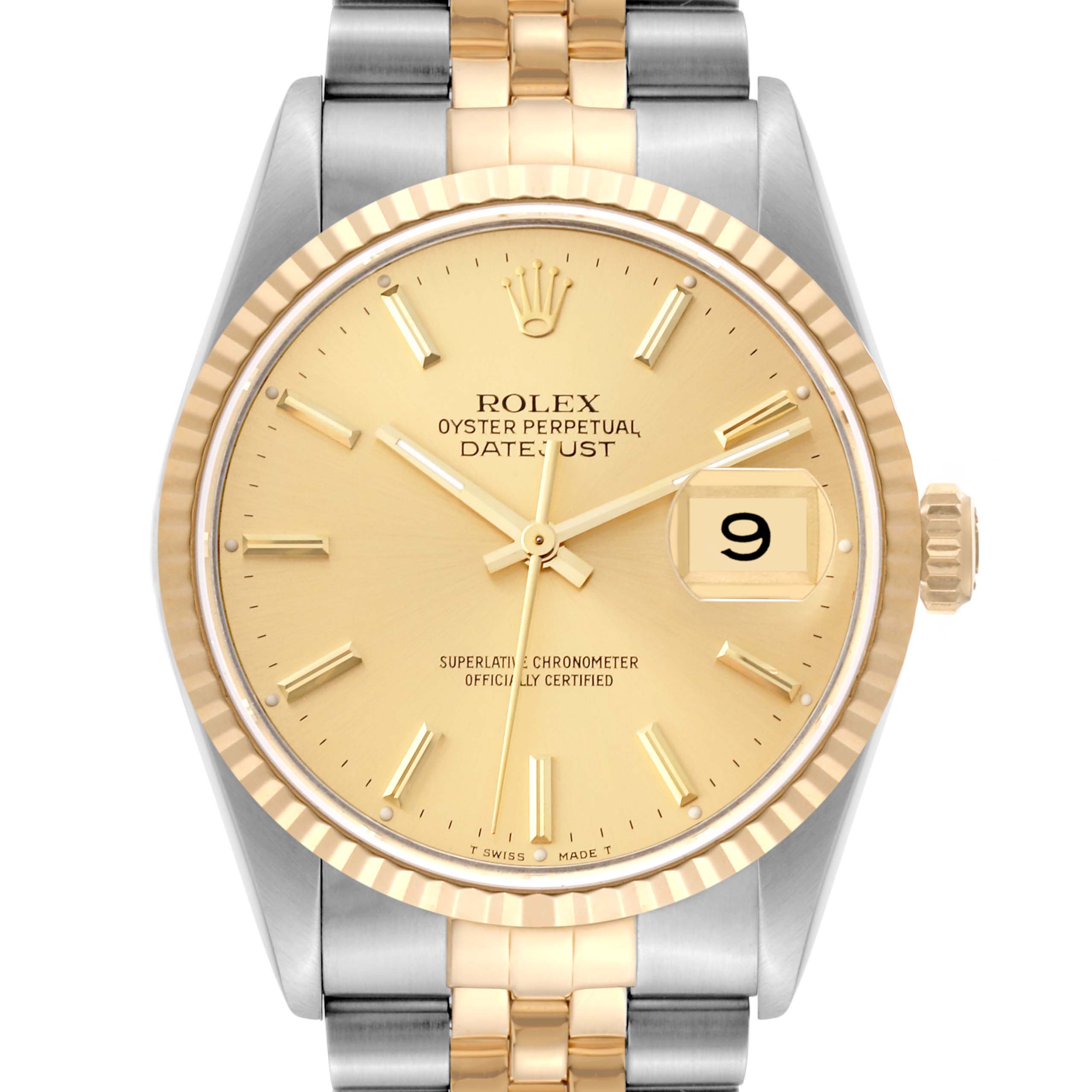 The Rolex Datejust 16233 Men's Steel and Gold (two tone) Black Dial 16233 Men's Steel and Gold (two tone) Black Dial watch is shown from a frontal angle, highlighting its gold dial, fluted bezel, and two-tone bracelet.