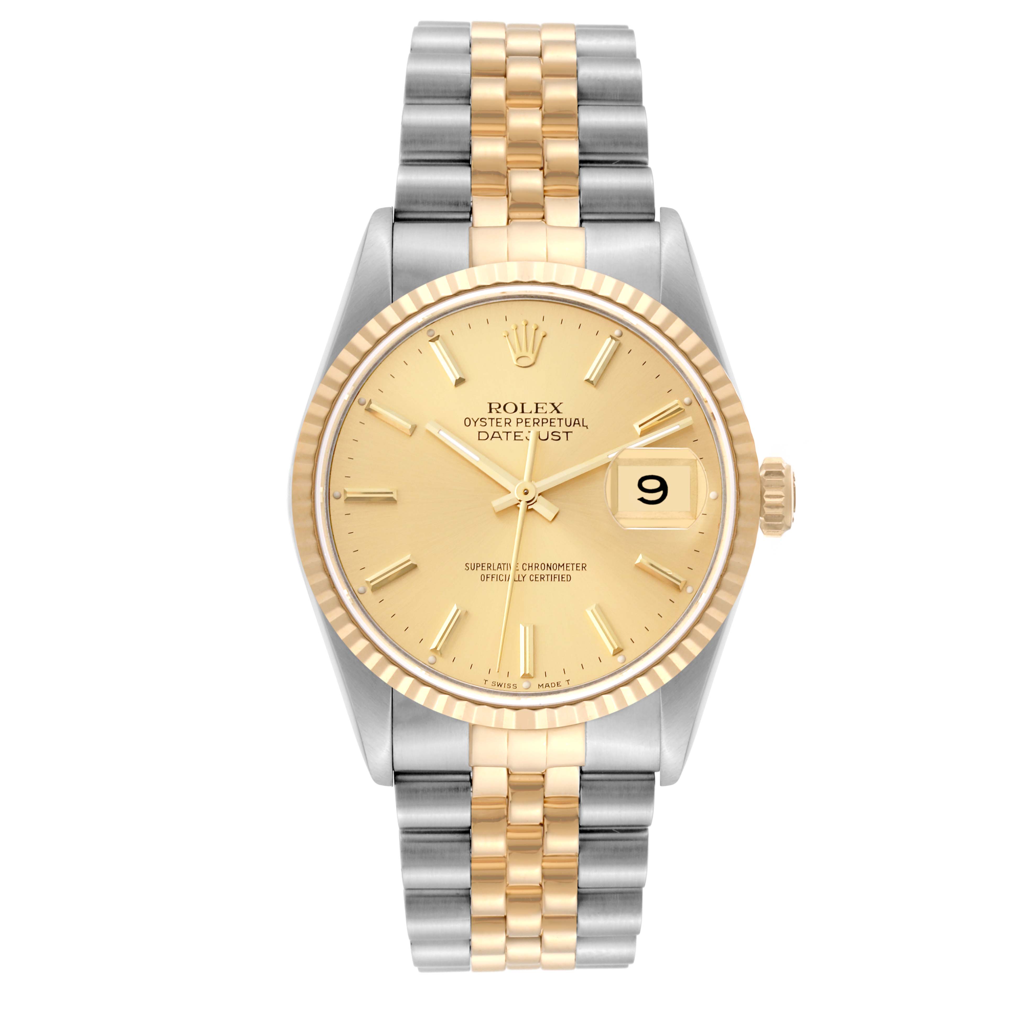This is a front view of a Rolex Datejust 16233 Men's Steel and Gold (two tone) Black Dial 16233 Men's Steel and Gold (two tone) Black Dial watch, showing the face, bezel, and two-tone bracelet in gold and silver.