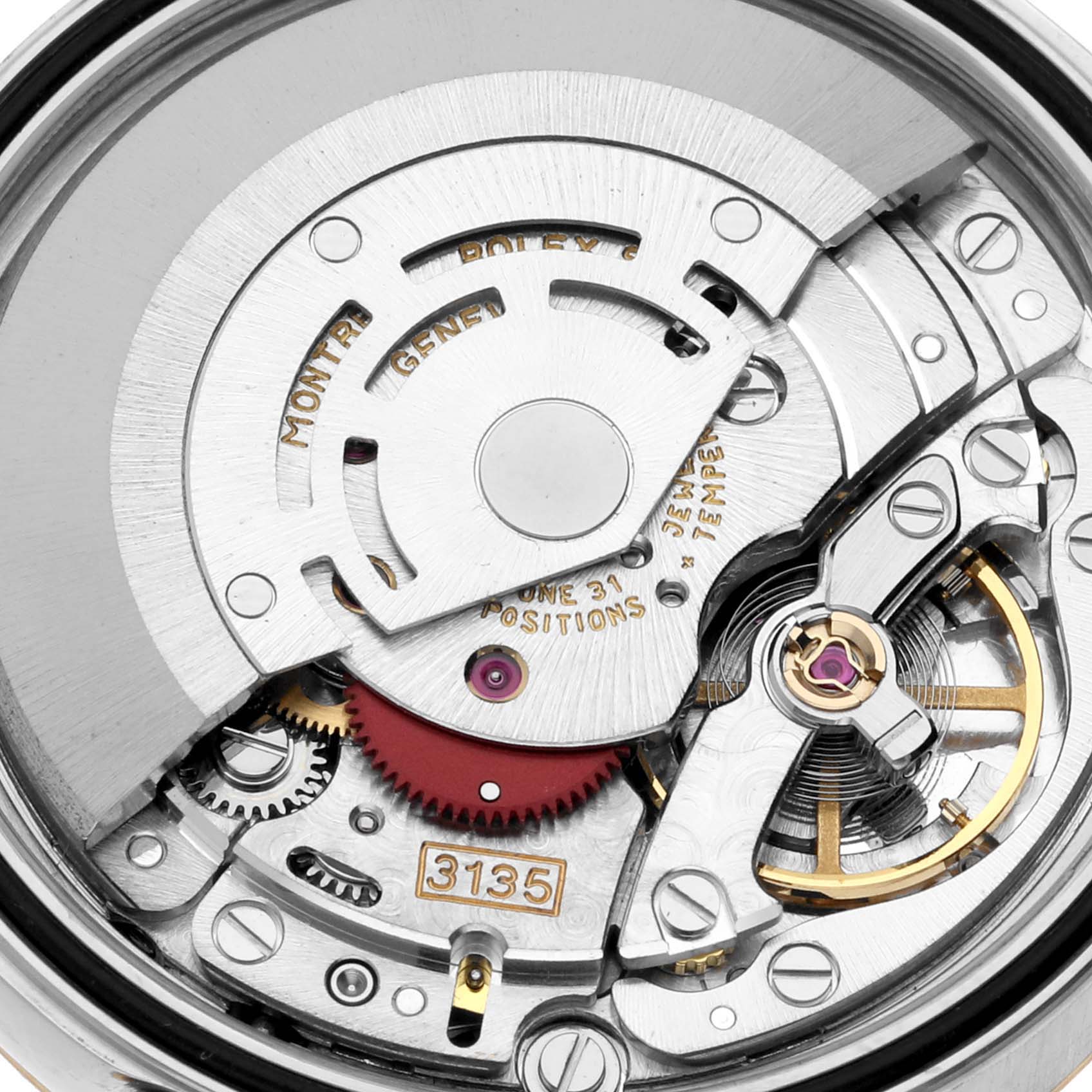 The image shows the internal mechanical movement parts of a Rolex Datejust 16233 Men's Steel and Gold (two tone) Black Dial 16233 Men's Steel and Gold (two tone) Black Dial watch from a close-up angle.