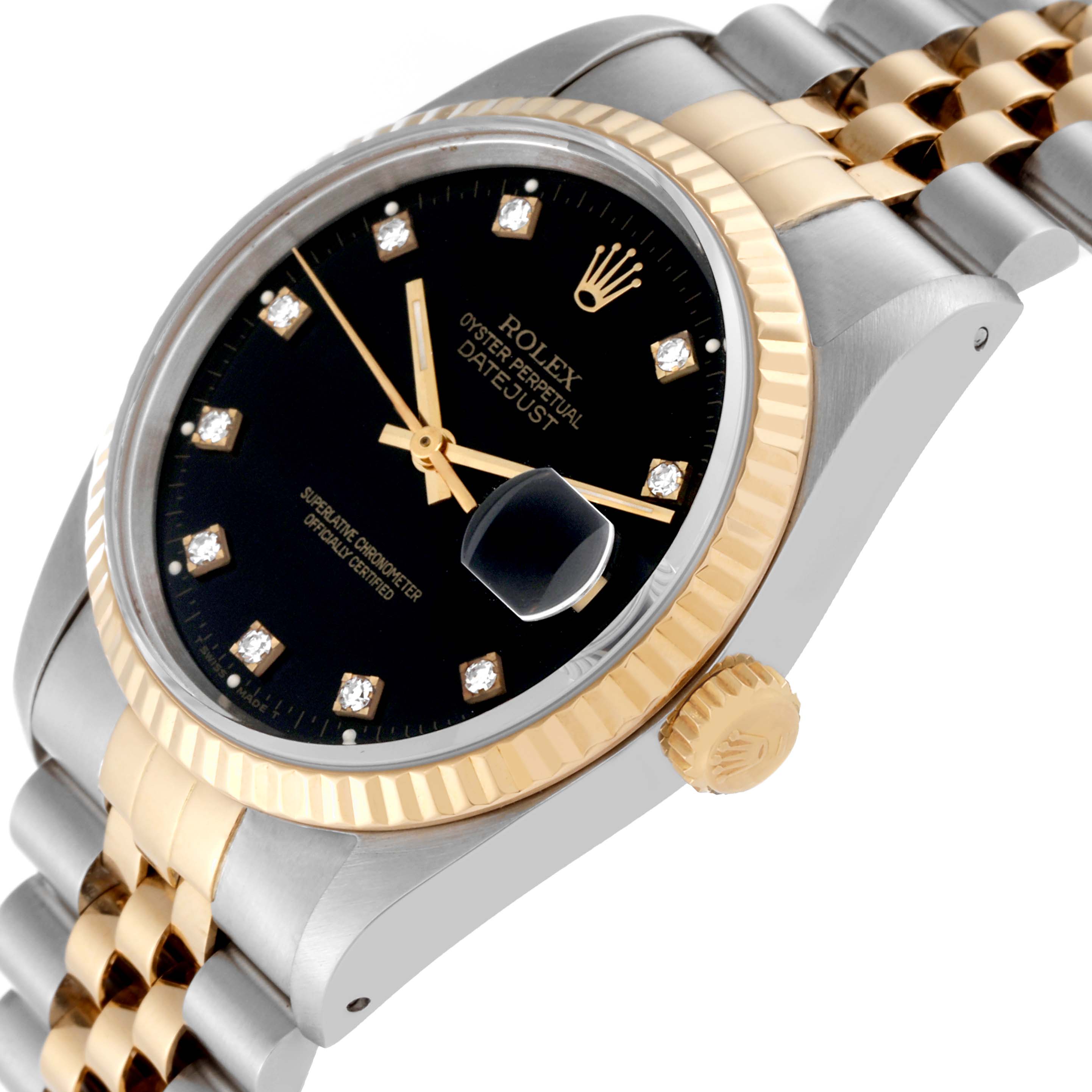 The image shows a close-up, angled view of a Rolex Datejust 16233 Men's Steel and Gold (two tone) Black Dial 16233 Men's Steel and Gold (two tone) Black Dial watch, highlighting its black dial, diamond markers, and two-tone bracelet.