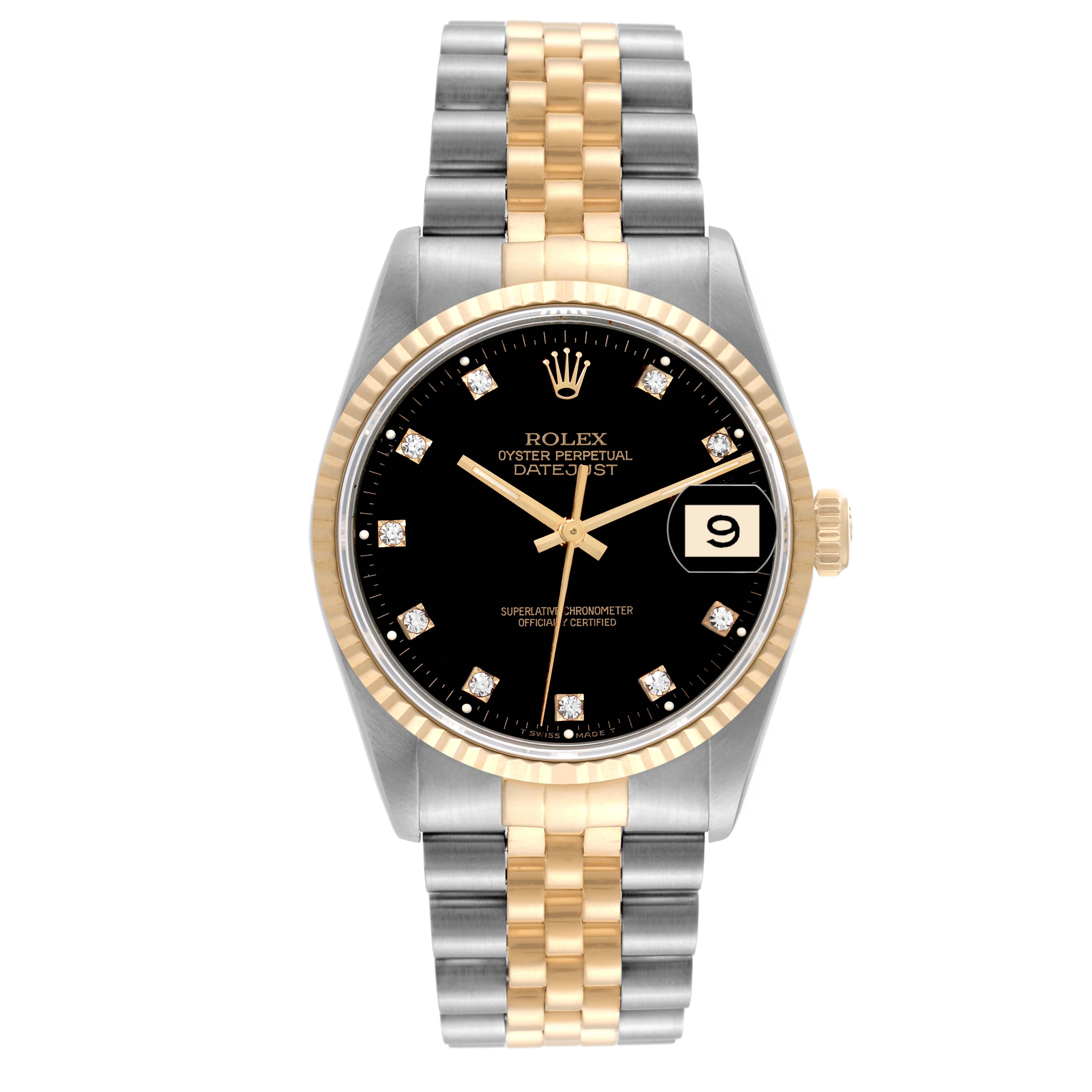 The image shows a Rolex Datejust 16233 Men's Steel and Gold (two tone) Black Dial 16233 Men's Steel and Gold (two tone) Black Dial watch featuring a black dial, two-tone bracelet, and a date window at the 3 o'clock position.