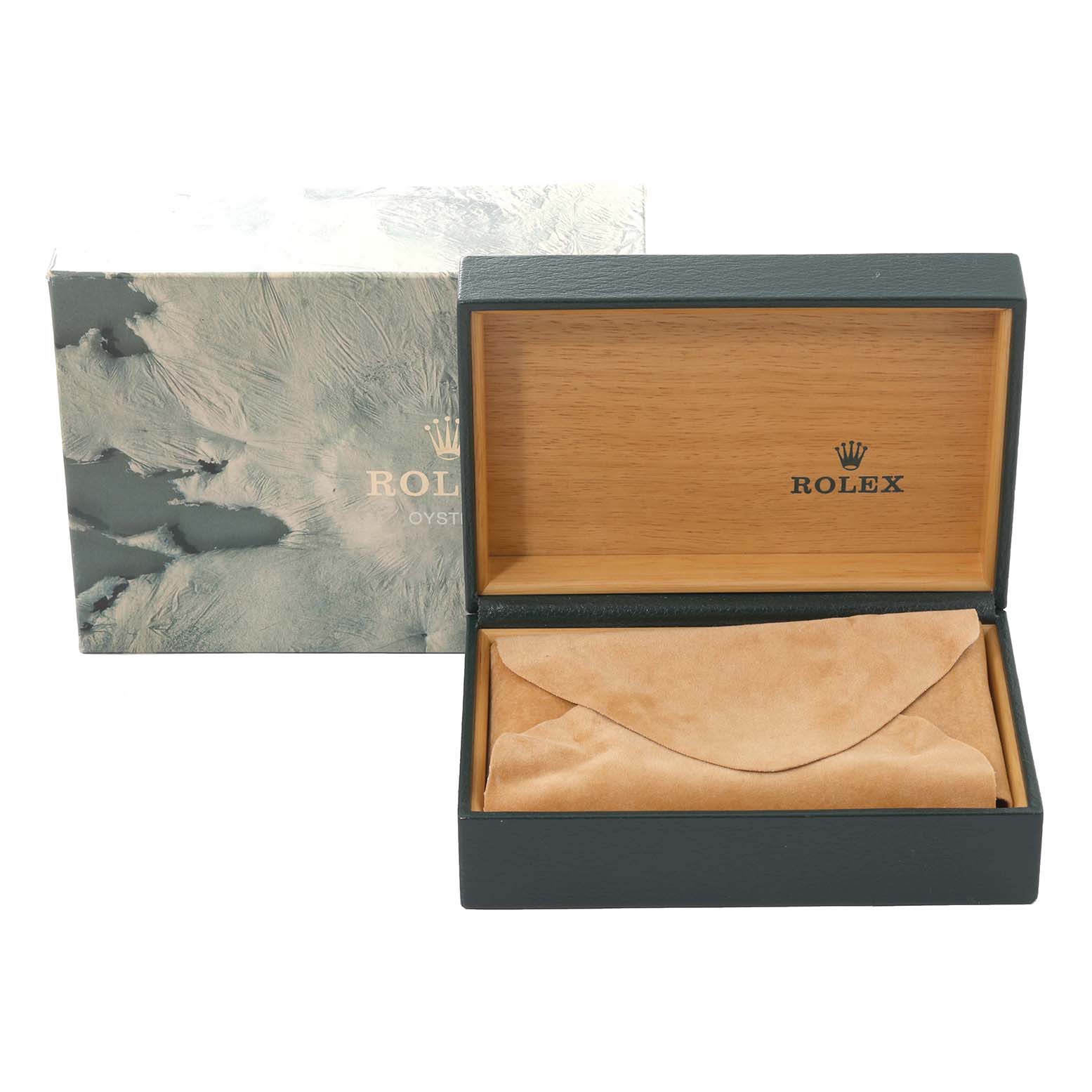 The image shows an opened Rolex Datejust 16233 Men's Steel and Gold (two tone) Black Dial 16233 Men's Steel and Gold (two tone) Black Dial watch box with the outer case in the background and the watch pouch inside.