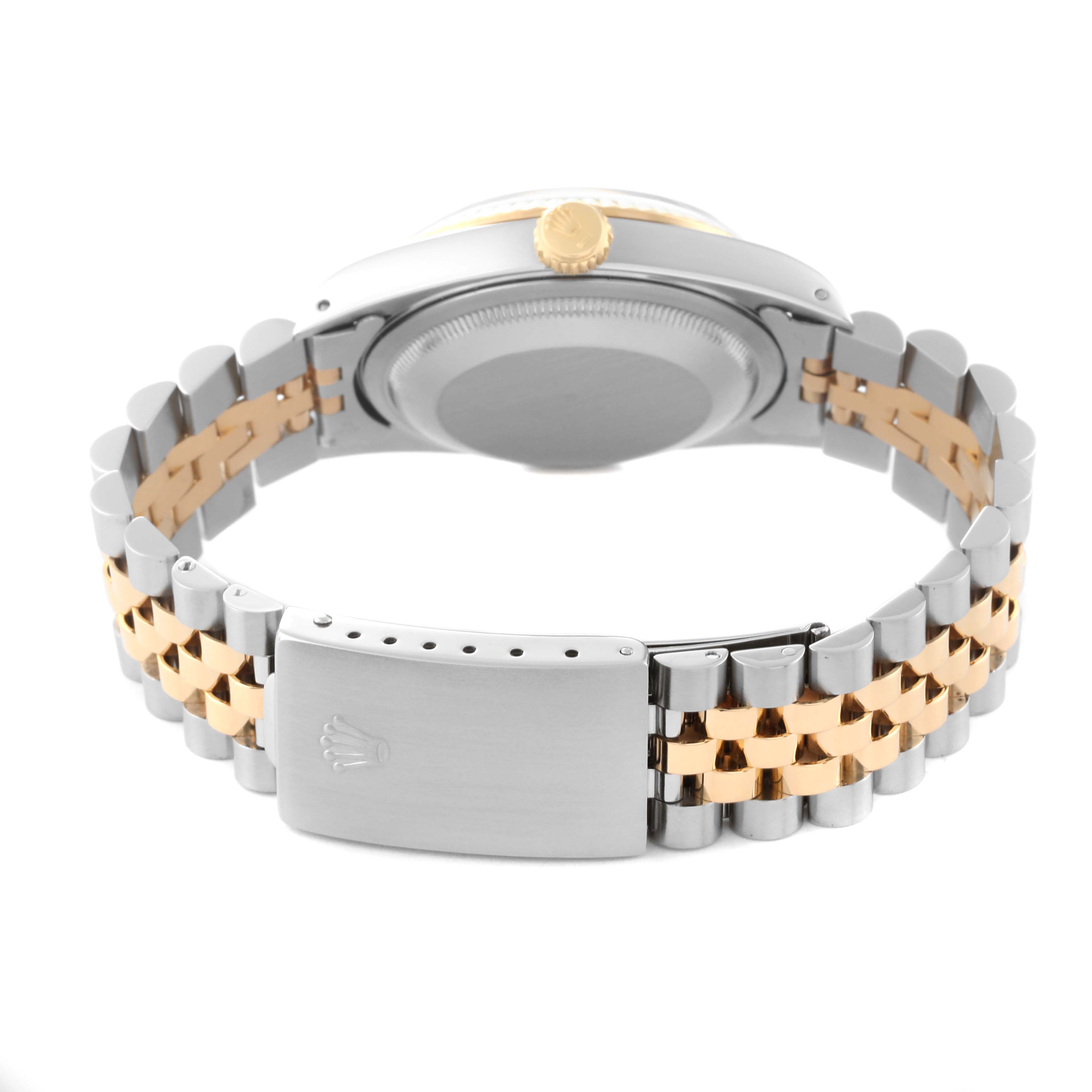 The image shows the back case and clasp of a Rolex Datejust 16233 Men's Steel and Gold (two tone) Black Dial 16233 Men's Steel and Gold (two tone) Black Dial watch, highlighting its two-tone bracelet.