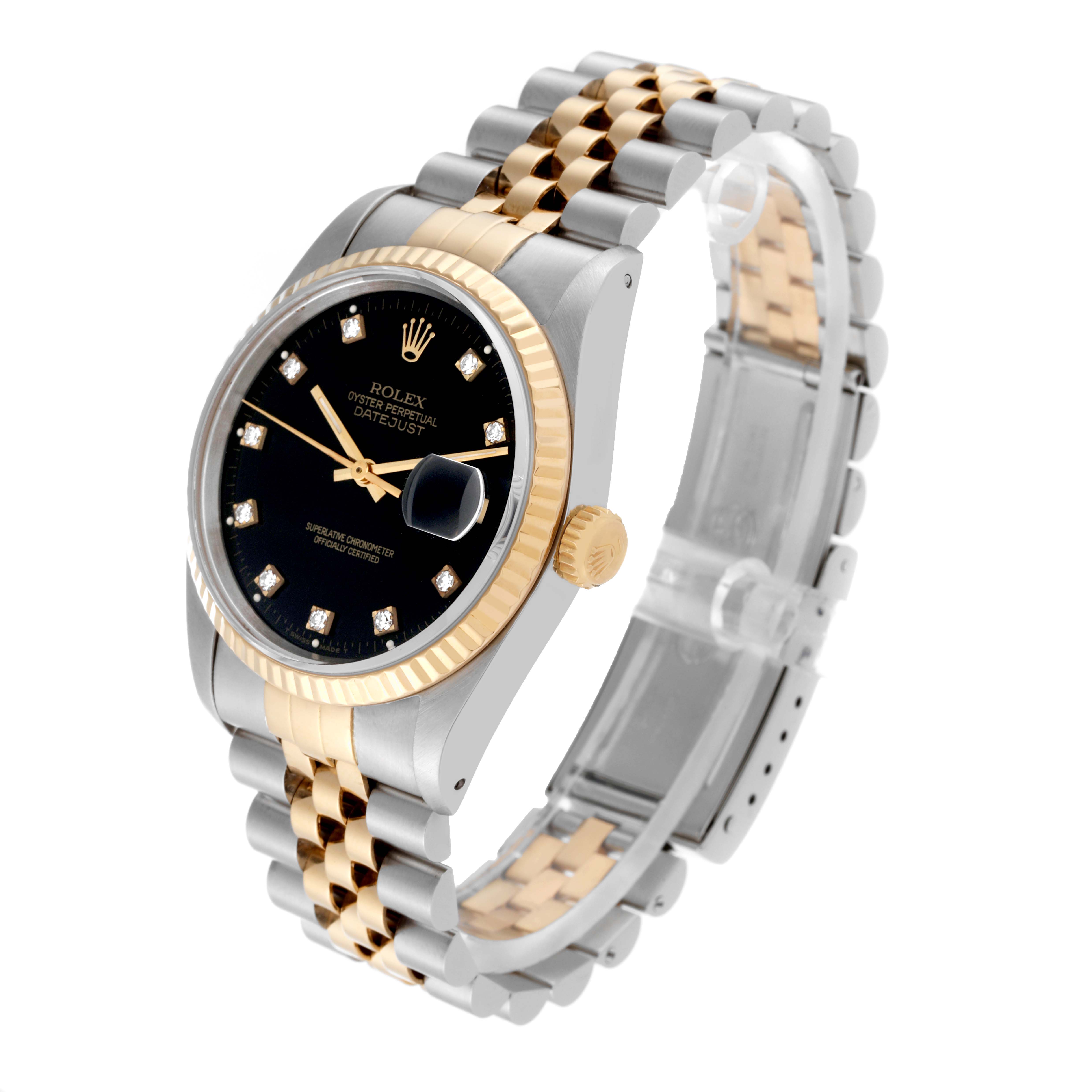 The image shows a side angle of a Rolex Datejust 16233 Men's Steel and Gold (two tone) Black Dial 16233 Men's Steel and Gold (two tone) Black Dial watch with a black dial and two-tone bracelet.