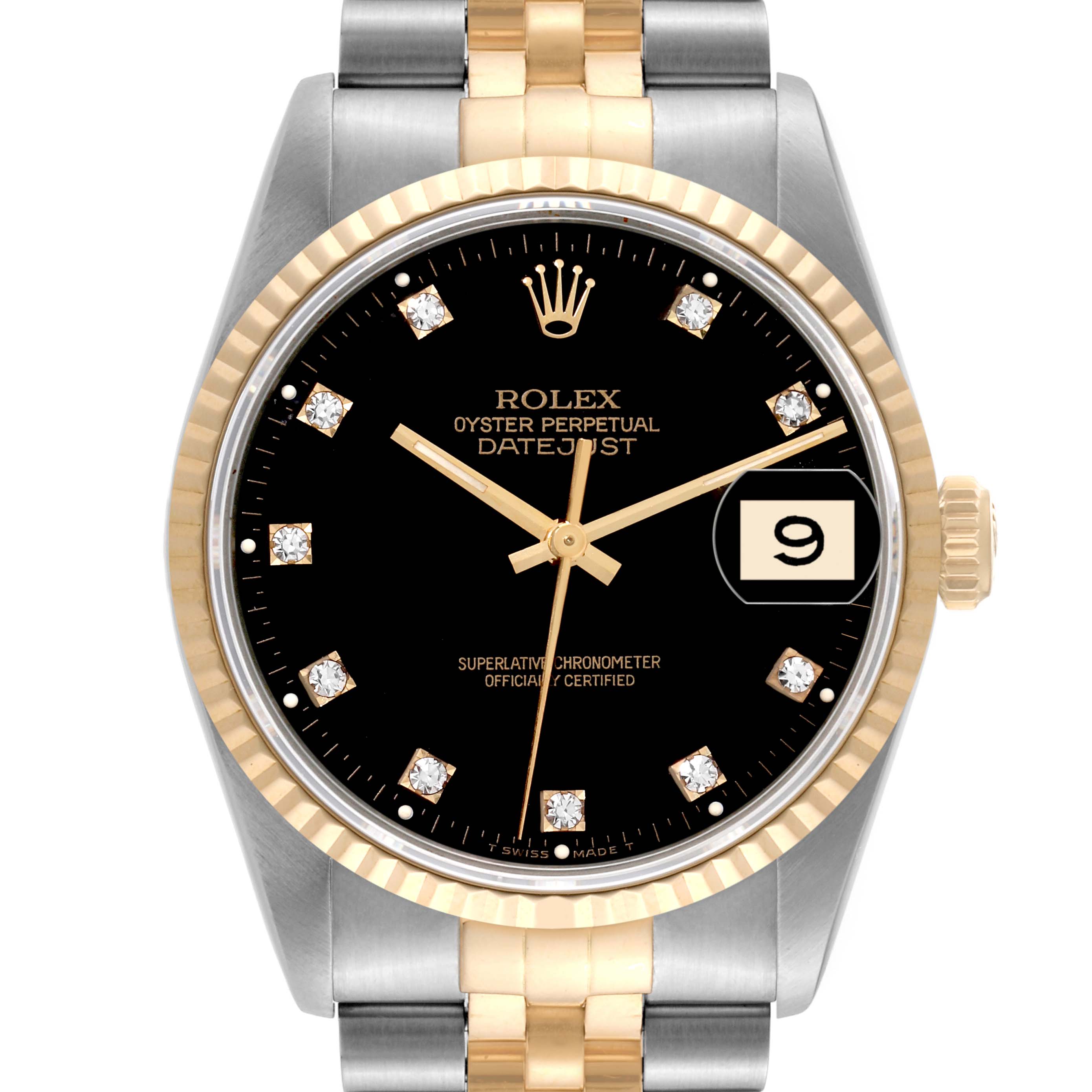 The image shows a front view of a Rolex Datejust 16233 Men's Steel and Gold (two tone) Black Dial 16233 Men's Steel and Gold (two tone) Black Dial watch, showcasing its dial, bezel, and part of its bracelet.