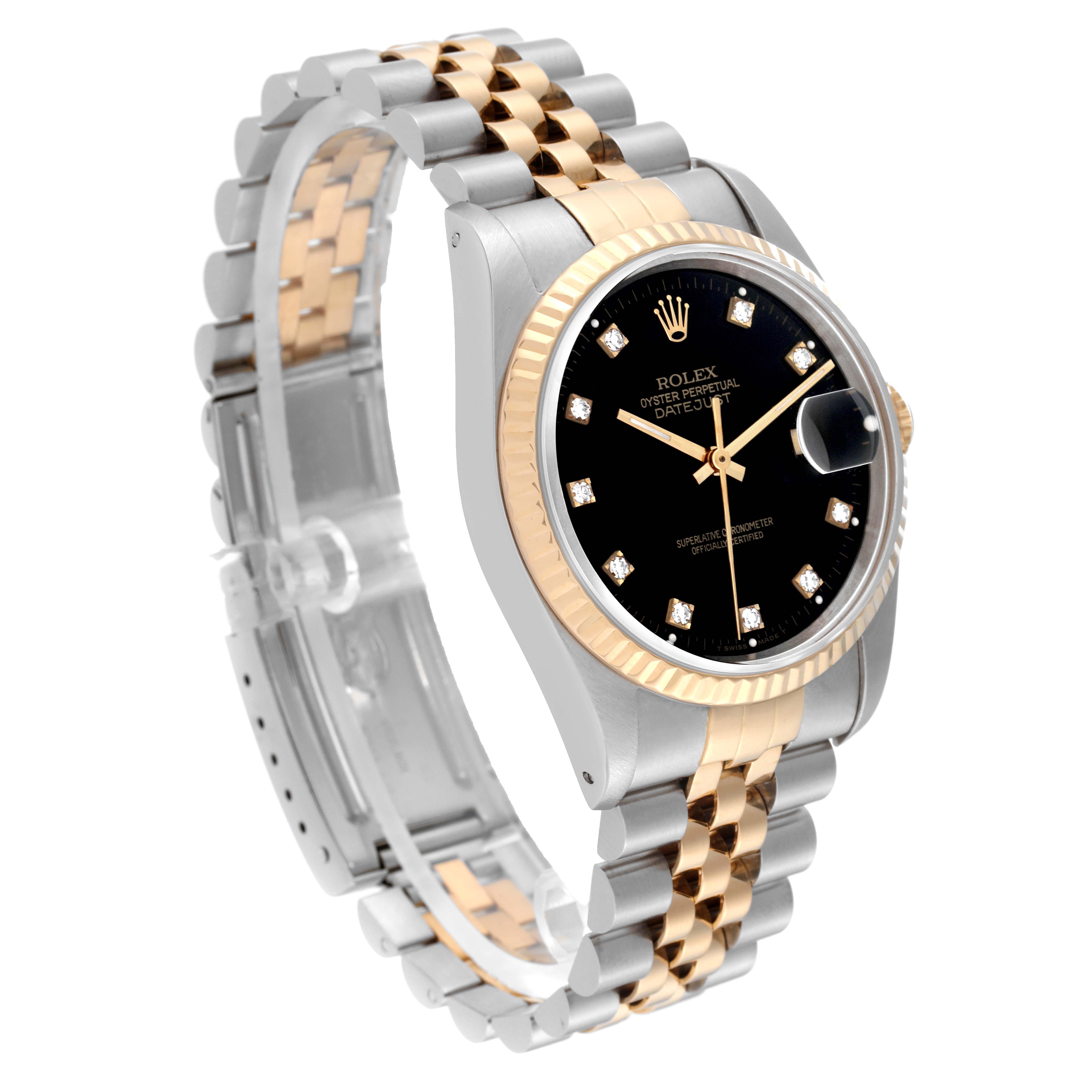 This Rolex Datejust 16233 Men's Steel and Gold (two tone) Black Dial 16233 Men's Steel and Gold (two tone) Black Dial watch is shown at an angle showcasing its dial, fluted bezel, and two-tone bracelet.