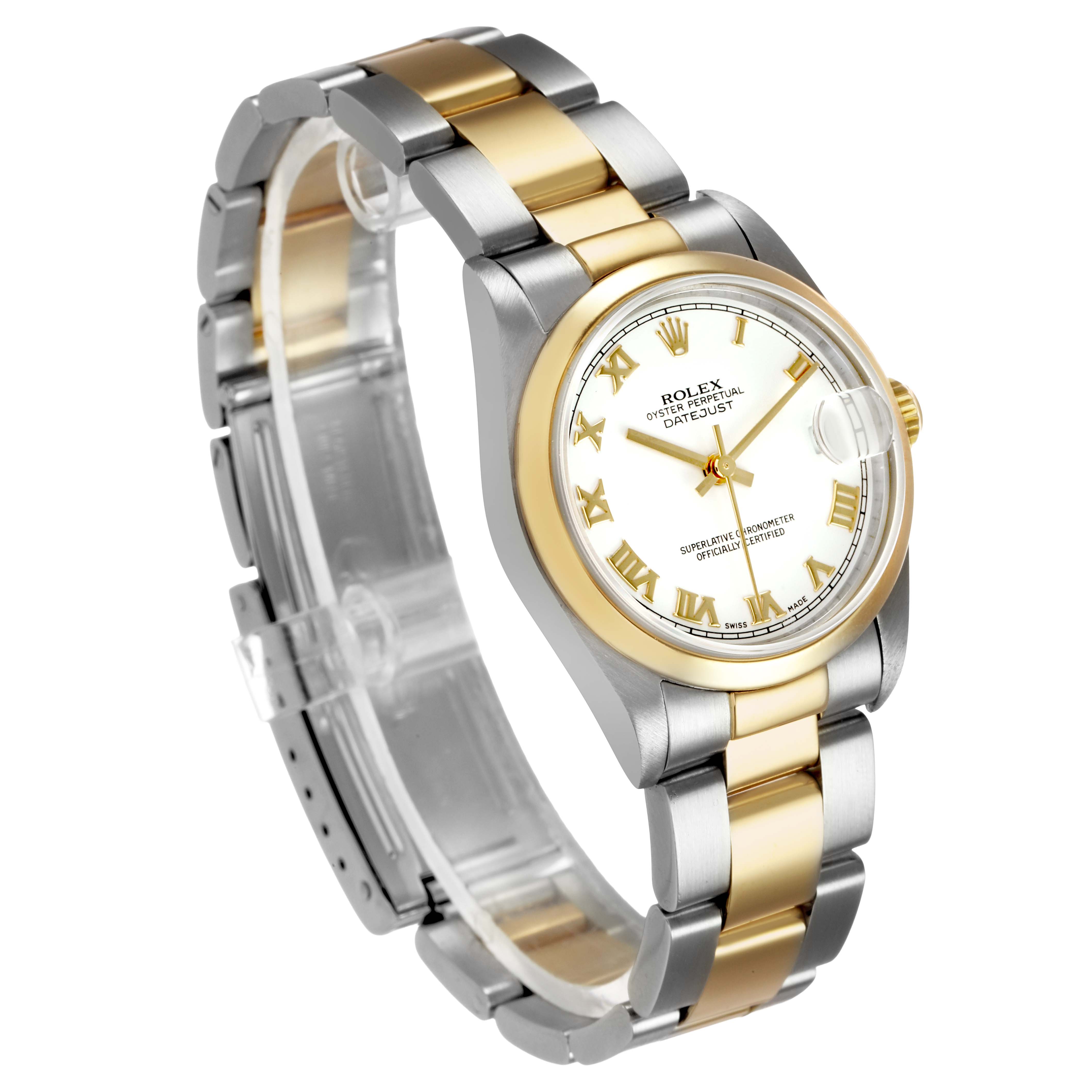 The Rolex Mid-Size 78243 Women's Steel and Gold (two tone) White Dial Datejust watch is shown at an angle highlighting its face, bezel, and two-tone bracelet.