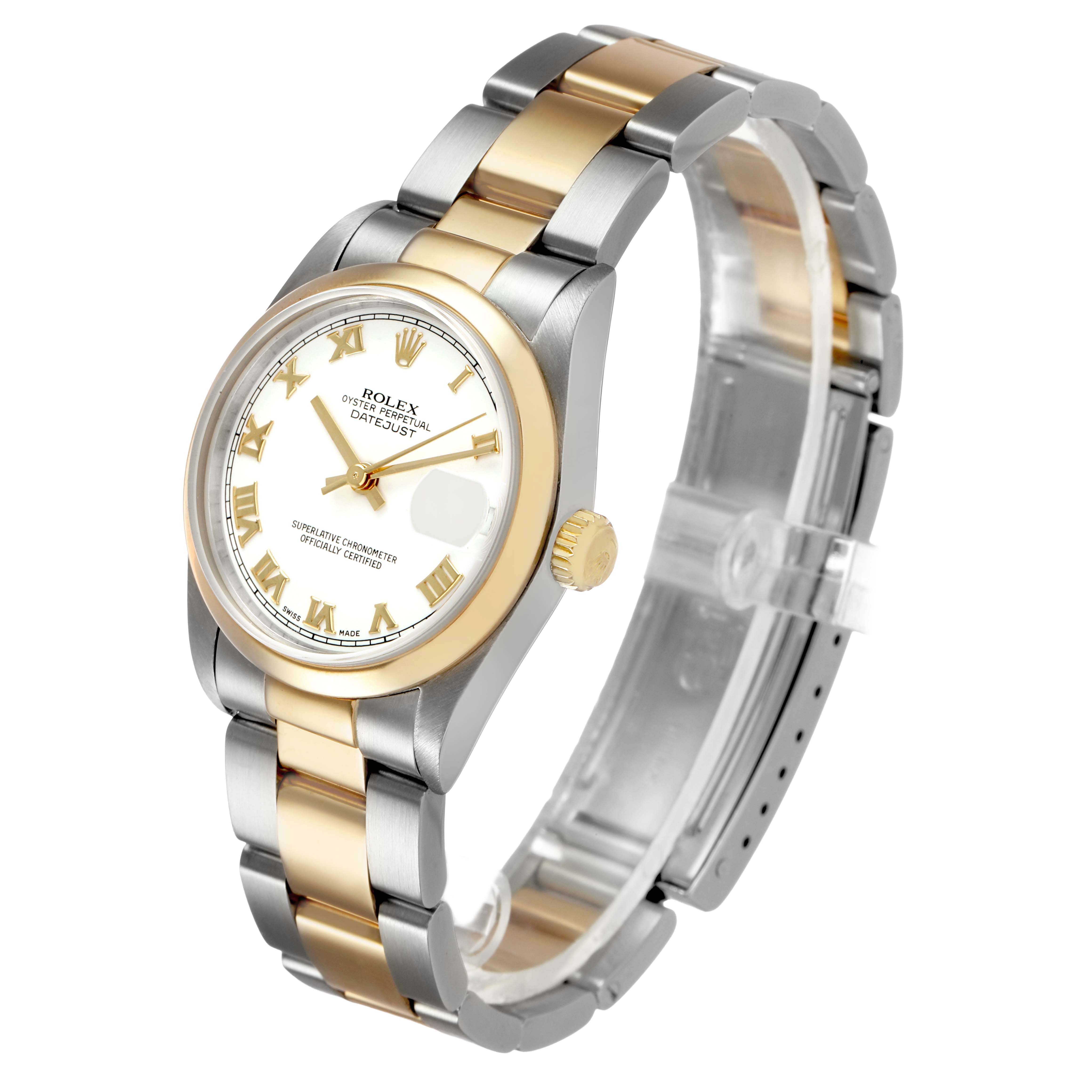 The Rolex Mid-Size 78243 Women's Steel and Gold (two tone) White Dial watch is shown at a three-quarter angle, displaying its two-tone bracelet and face, including the crown and dial details.