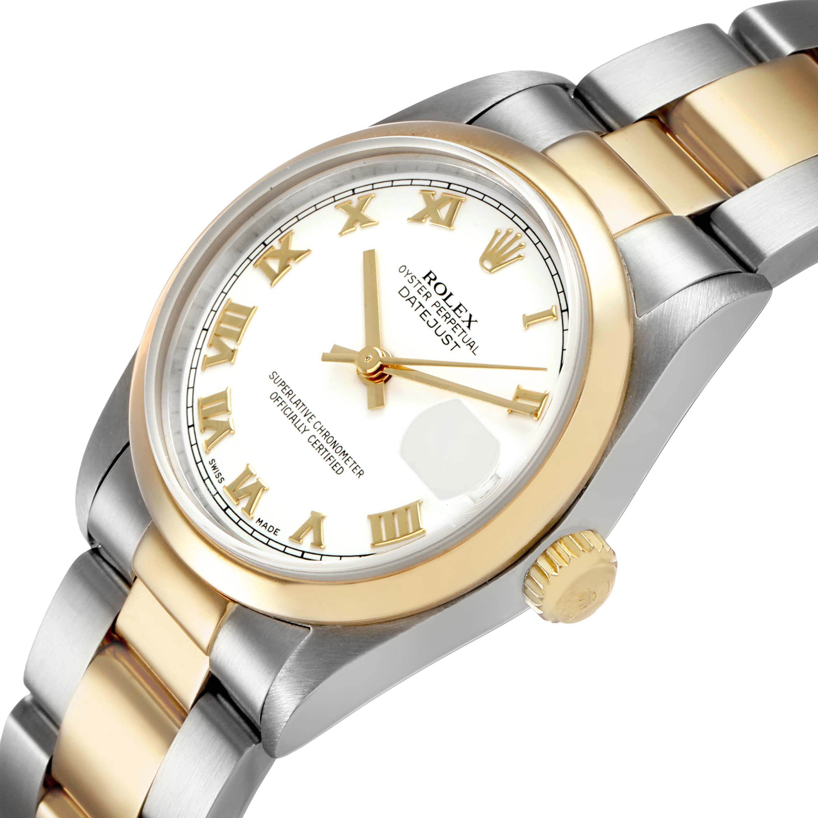 The Rolex Mid-Size 78243 Women's Steel and Gold (two tone) White Dial model is shown at an angled view displaying the dial, bezel, crown, and part of the two-tone bracelet.