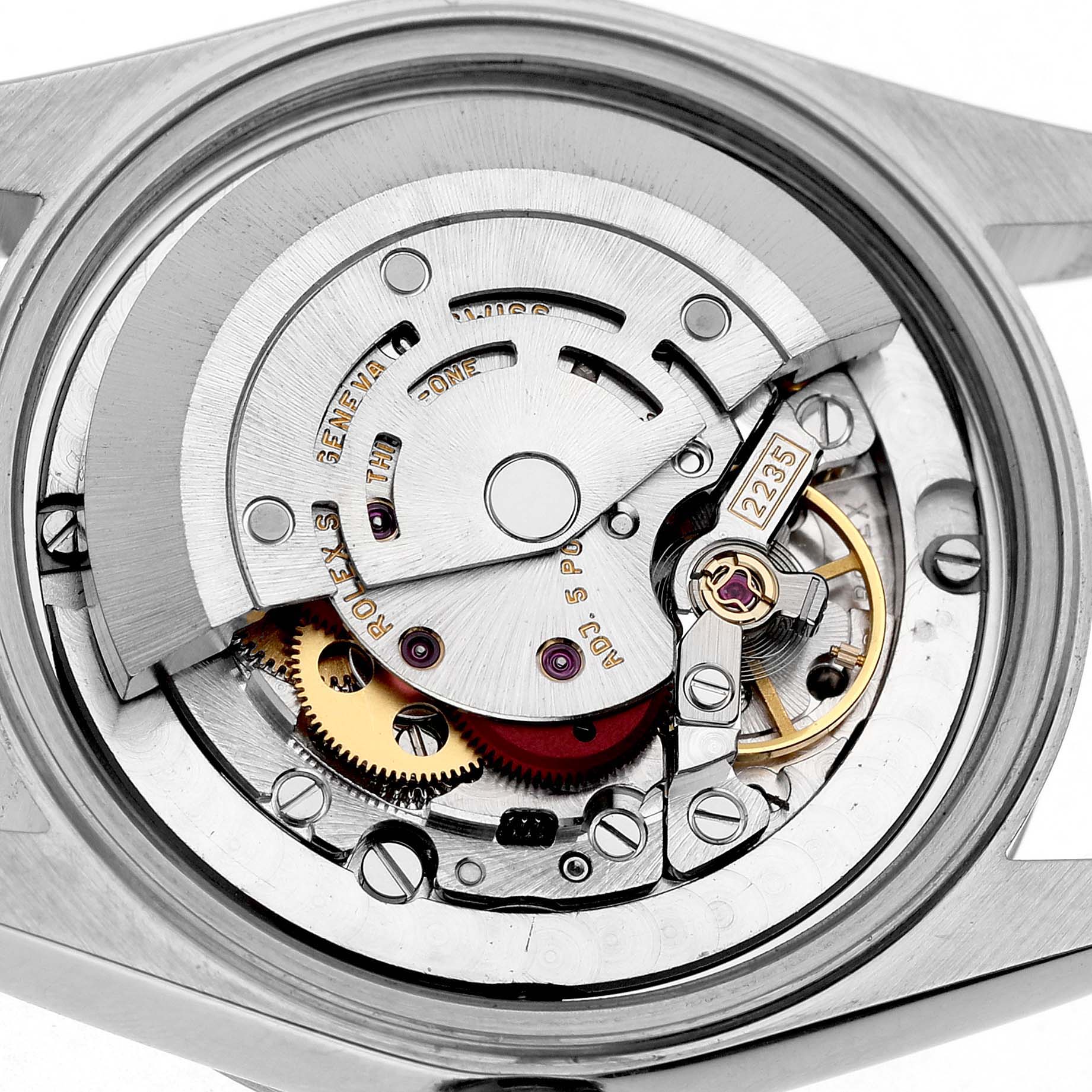 The image shows the movement and intricate inner mechanism of a Rolex Mid-Size 78243 Women's Steel and Gold (two tone) White Dial watch from a top-down angle.