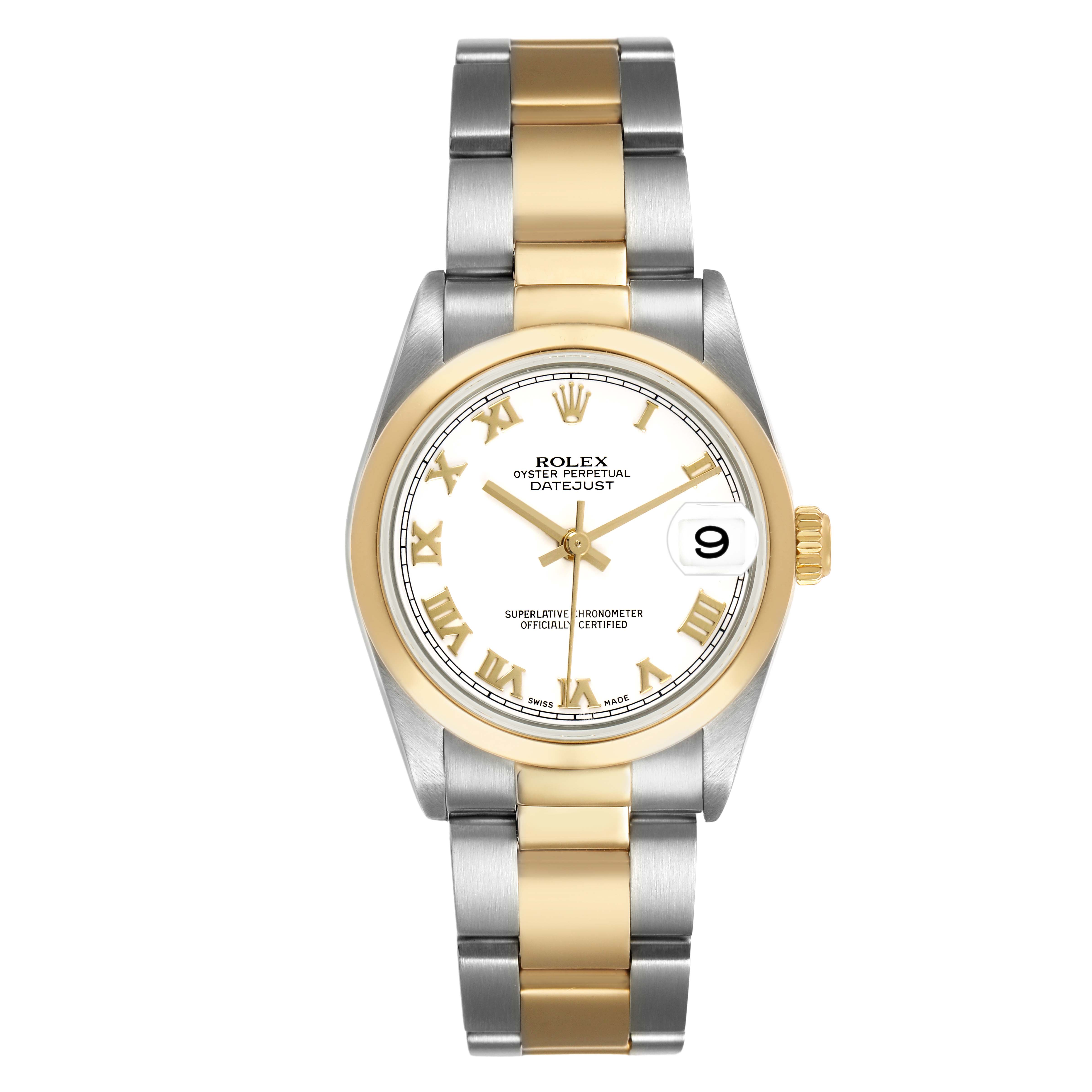 The Rolex Mid-Size 78243 Women's Steel and Gold (two tone) White Dial model is shown from a front angle, displaying the face, bezel, bracelet, and crown.