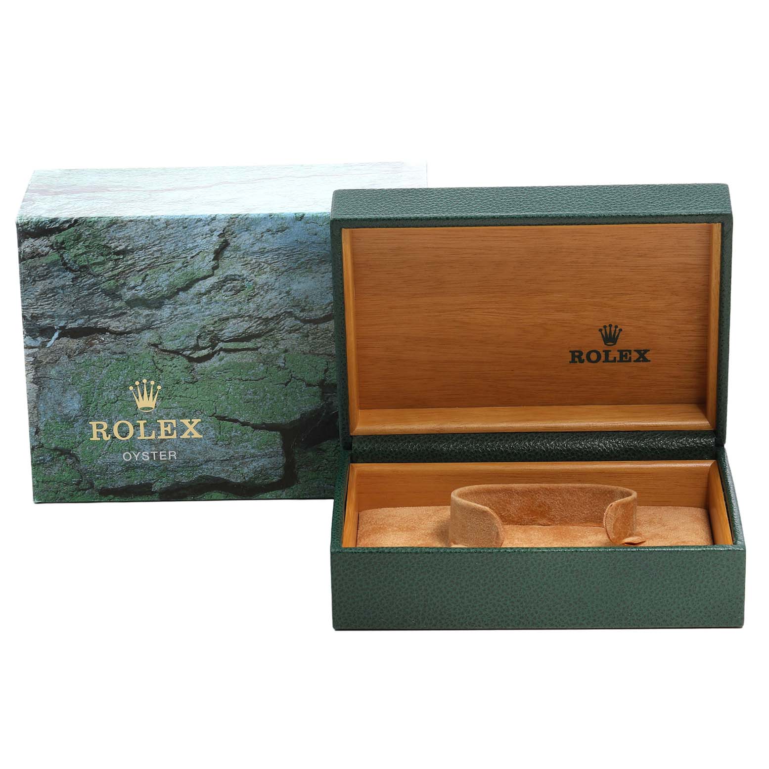 The image shows an open Rolex Oyster watch box and outer packaging from a frontal angle.