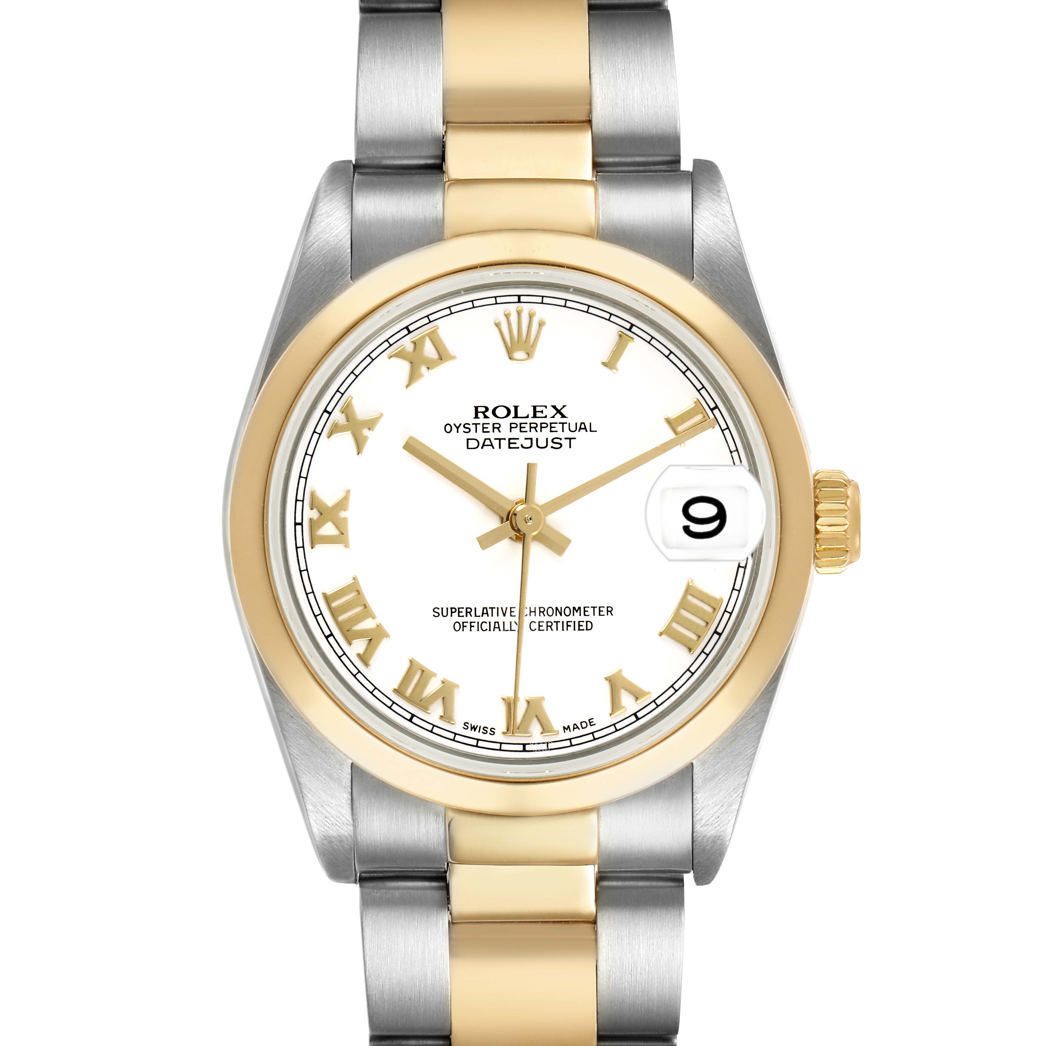 The Rolex Mid-Size 78243 Women's Steel and Gold (two tone) White Dial Datejust watch is shown from a frontal angle, highlighting its dial, bezel, bracelet, and crown.