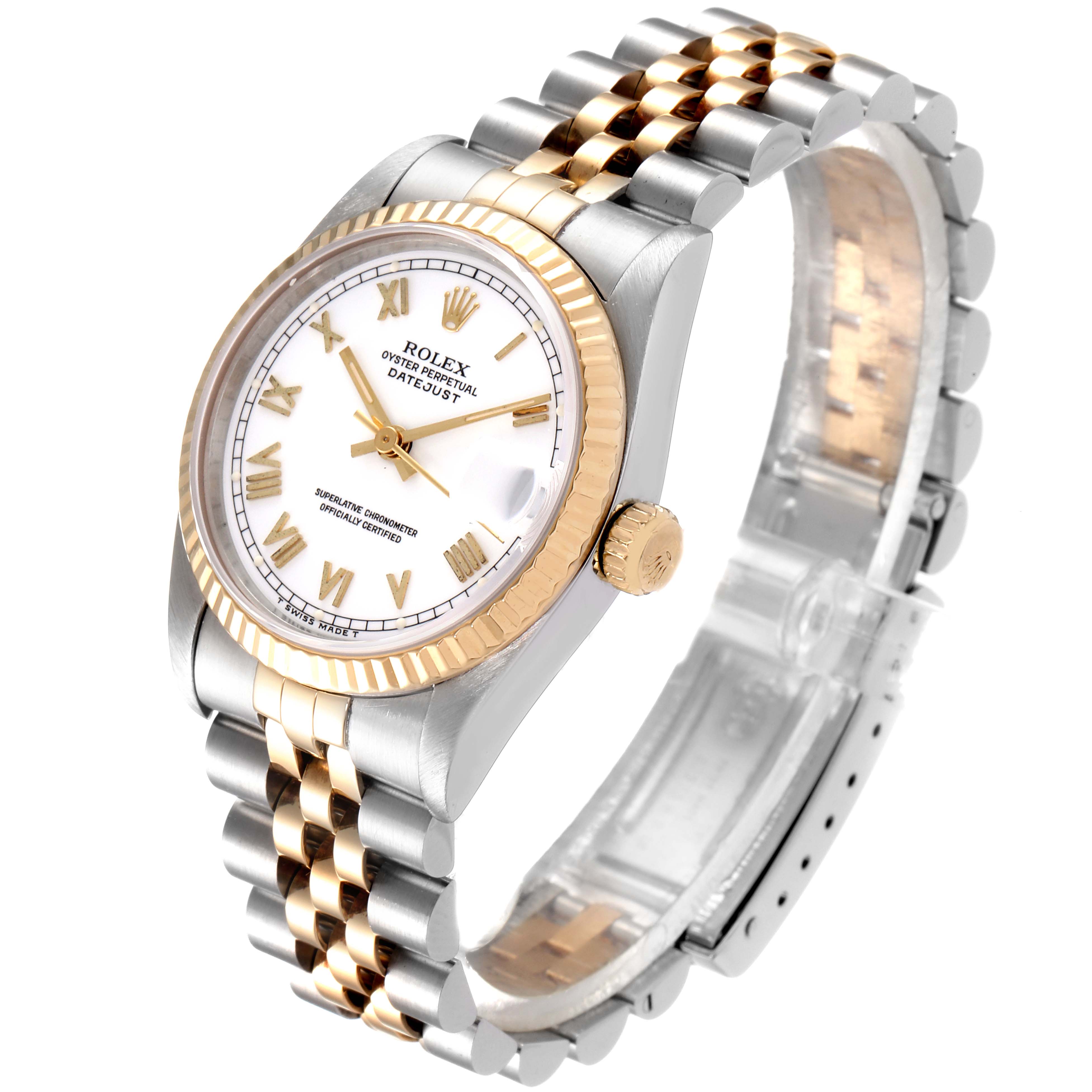 The image shows a side and slightly angled top view of a Rolex Mid-Size 68273 Women
s Steel and Gold (two tone) White Dial 68273 Women
s Steel and Gold (two tone) White Dial Datejust watch, highlighting the dial, bezel, crown, and bracelet.