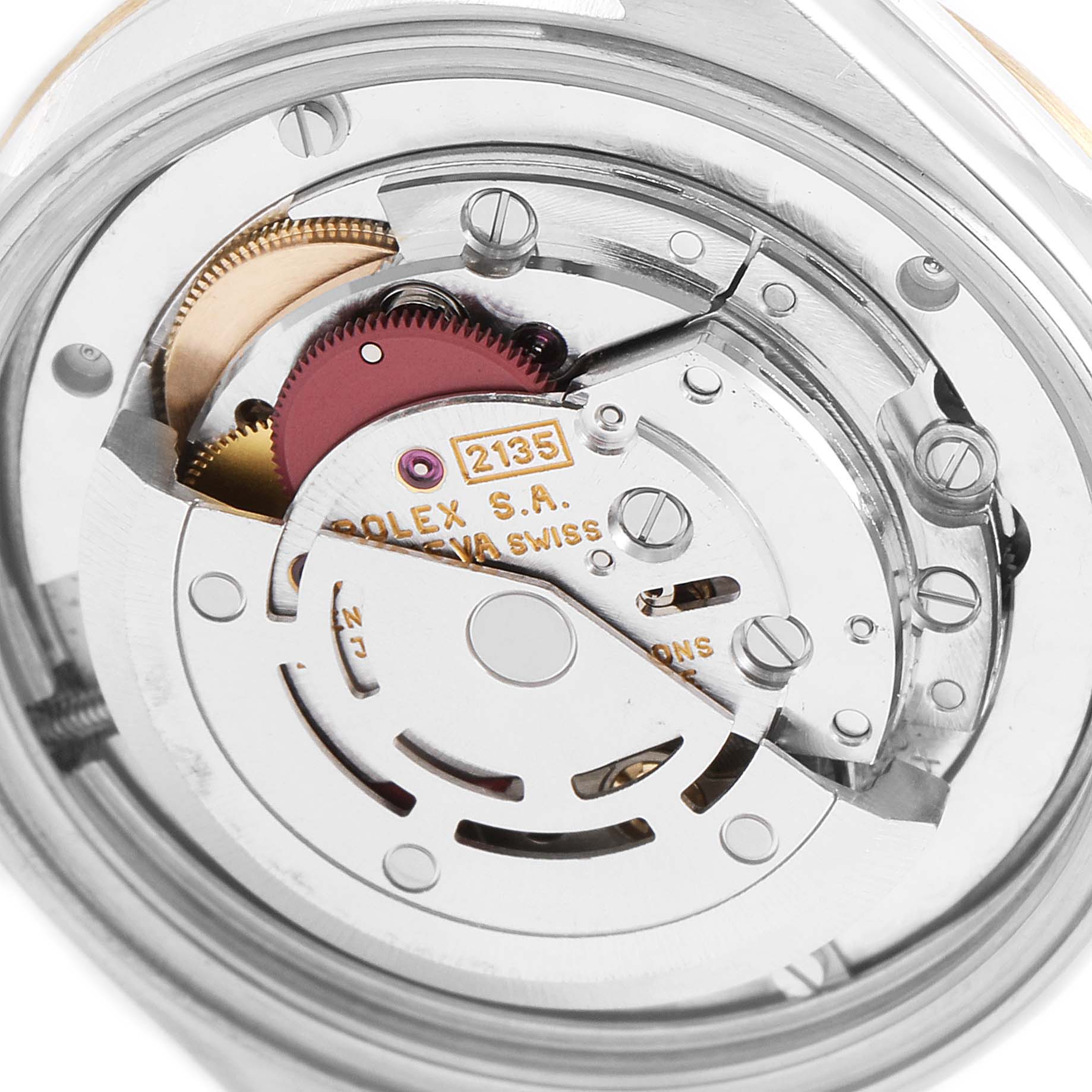 This image shows a close-up view of the internal mechanism of a Rolex Mid-Size 68273 Women
s Steel and Gold (two tone) White Dial 68273 Women
s Steel and Gold (two tone) White Dial model watch.