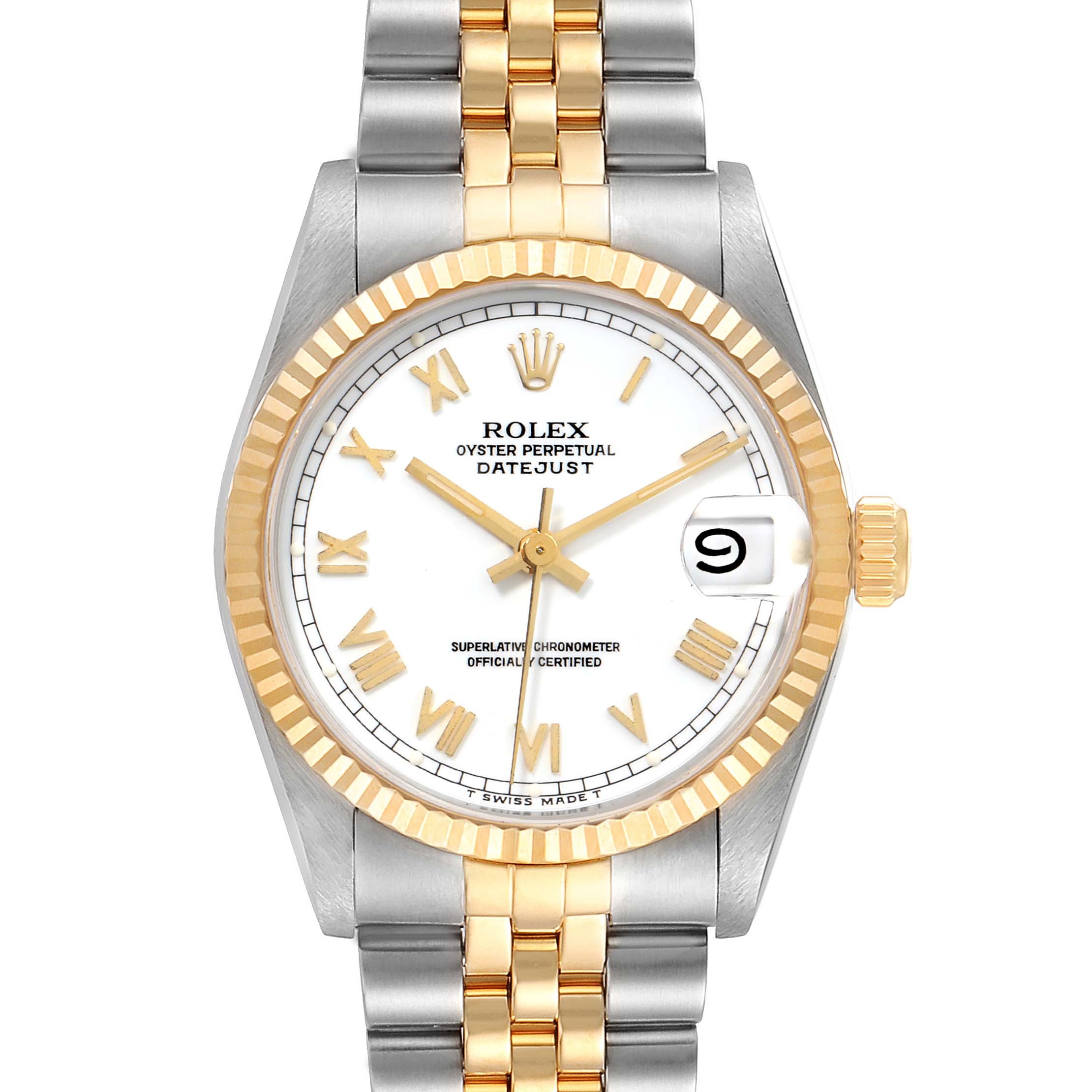 The image shows a front view of a Rolex Datejust Mid-Size watch with a white dial, gold and silver bracelet, and fluted bezel.