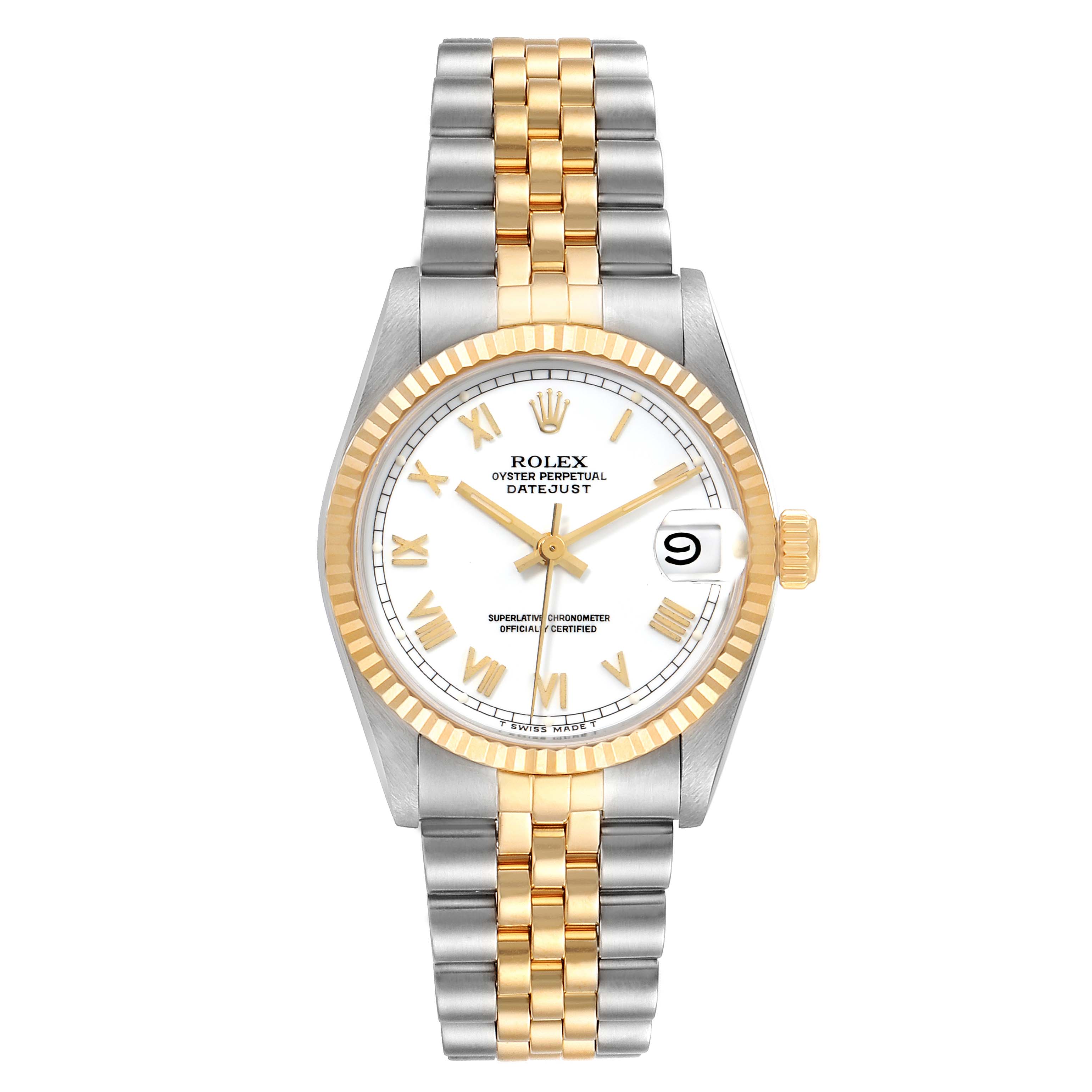 The image shows a front view of a Rolex Mid-Size 68273 Women
s Steel and Gold (two tone) White Dial 68273 Women
s Steel and Gold (two tone) White Dial Oyster Perpetual Datejust watch with a bi-metal bracelet and white dial.