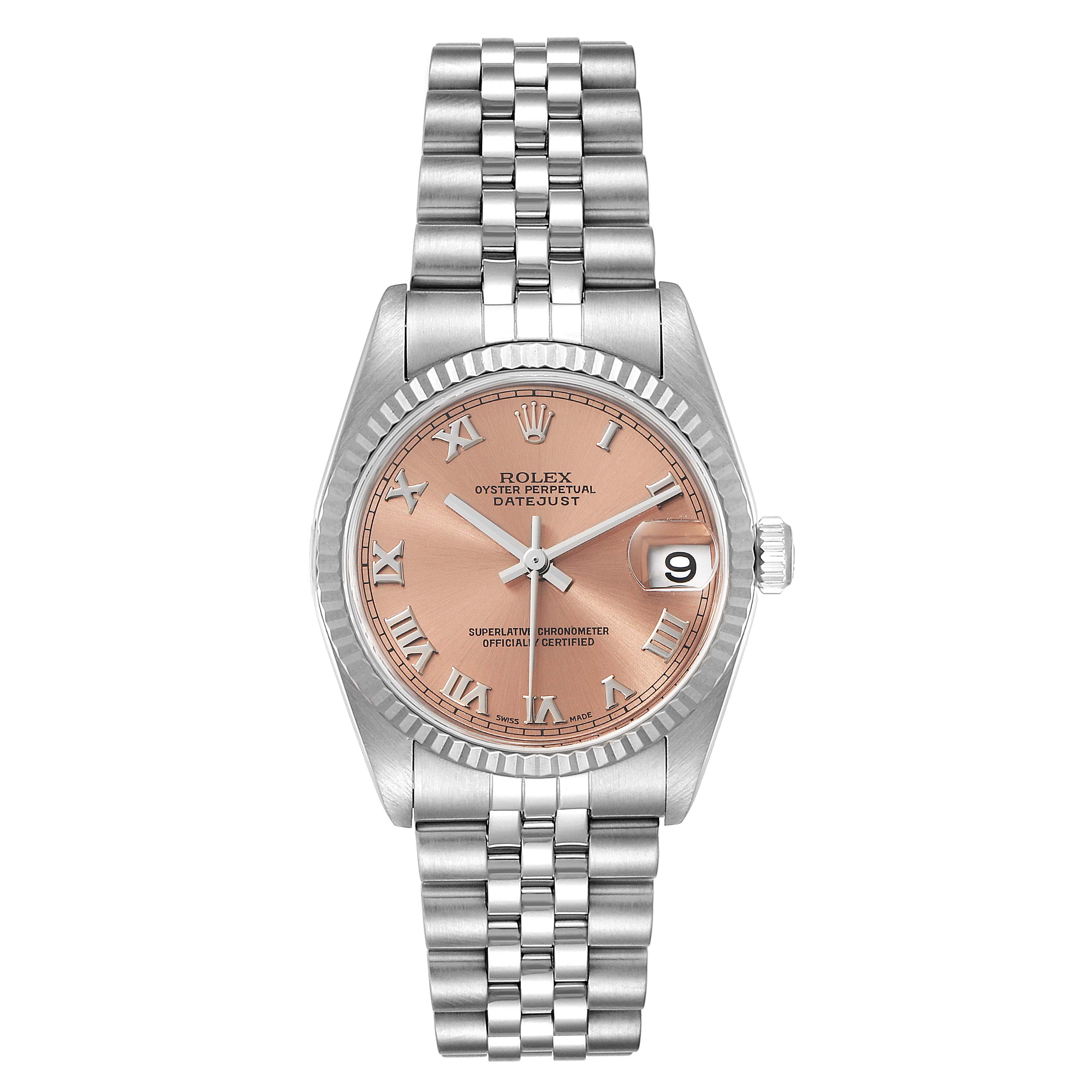 The image shows a front view of a Rolex Mid-Size 78274 Women
s Stainless Steel Pink Dial 78274 Women
s Stainless Steel Pink Dial Oyster Perpetual Datejust watch with a pink dial and silver bracelet.