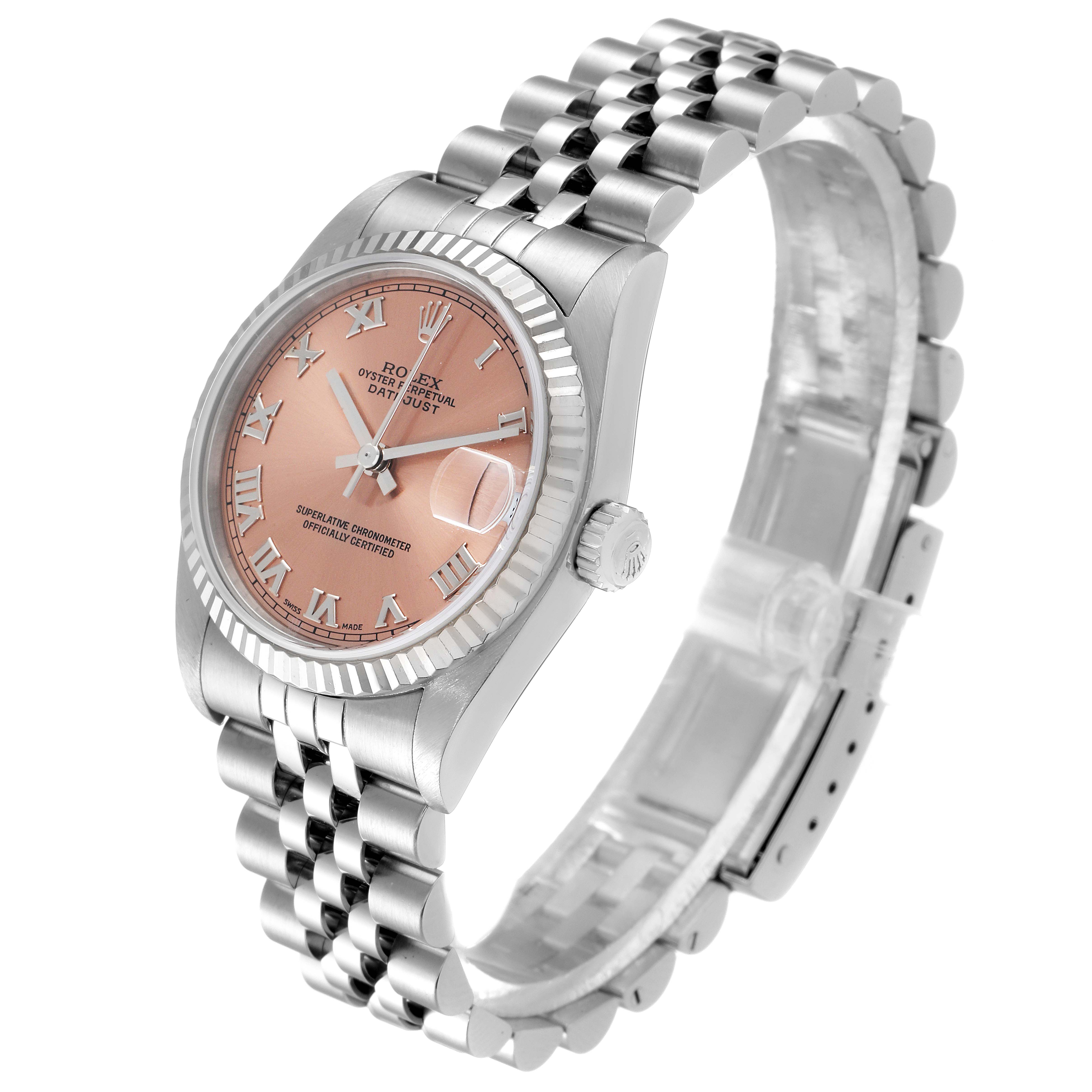 This image shows a Rolex Mid-Size 78274 Women
s Stainless Steel Pink Dial 78274 Women
s Stainless Steel Pink Dial model watch angled to display the face, bezel, crown, and part of the bracelet.