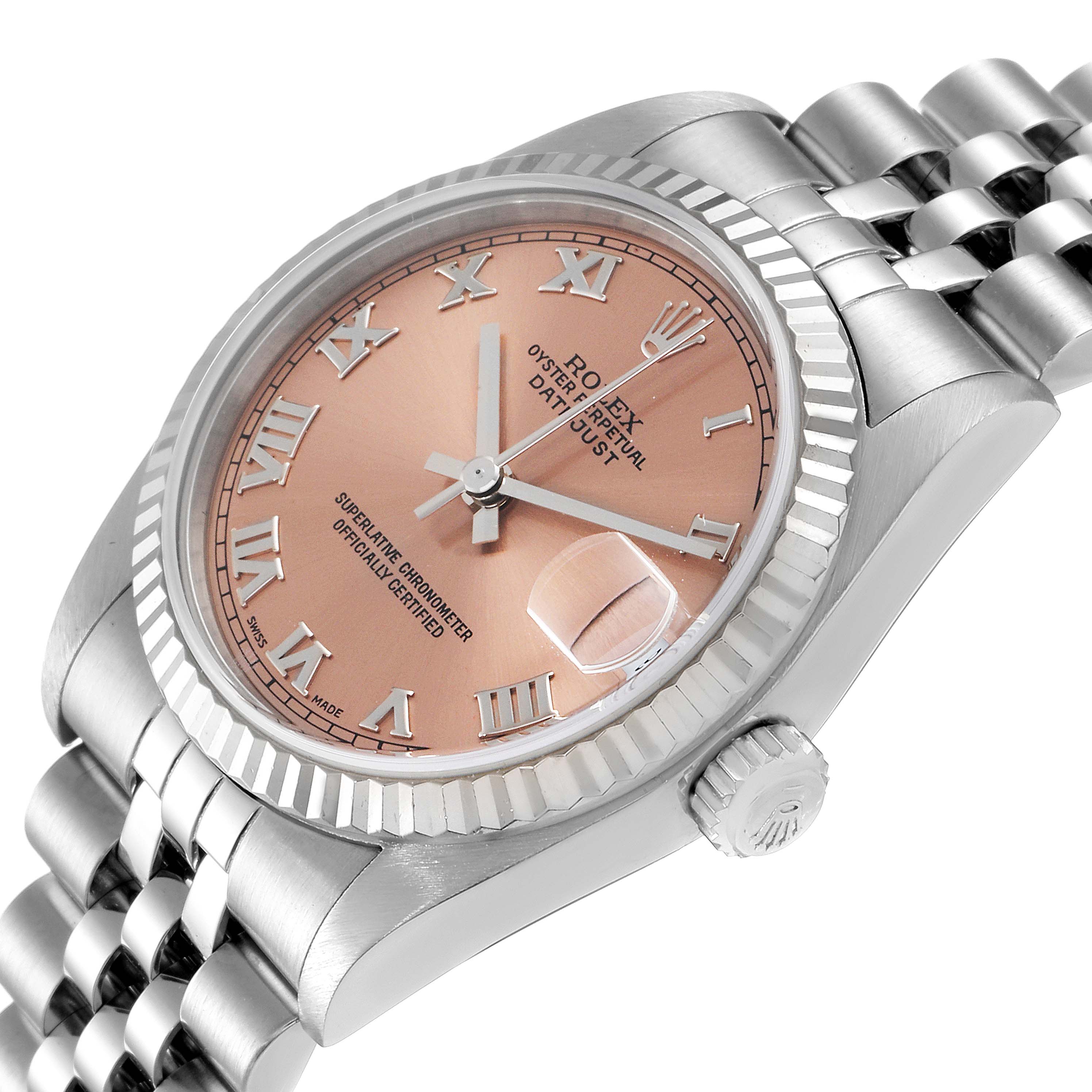This image shows a Rolex Mid-Size 78274 Women
s Stainless Steel Pink Dial 78274 Women
s Stainless Steel Pink Dial Datejust watch at an angled view, highlighting its pink dial, bezel, crown, and part of the bracelet.