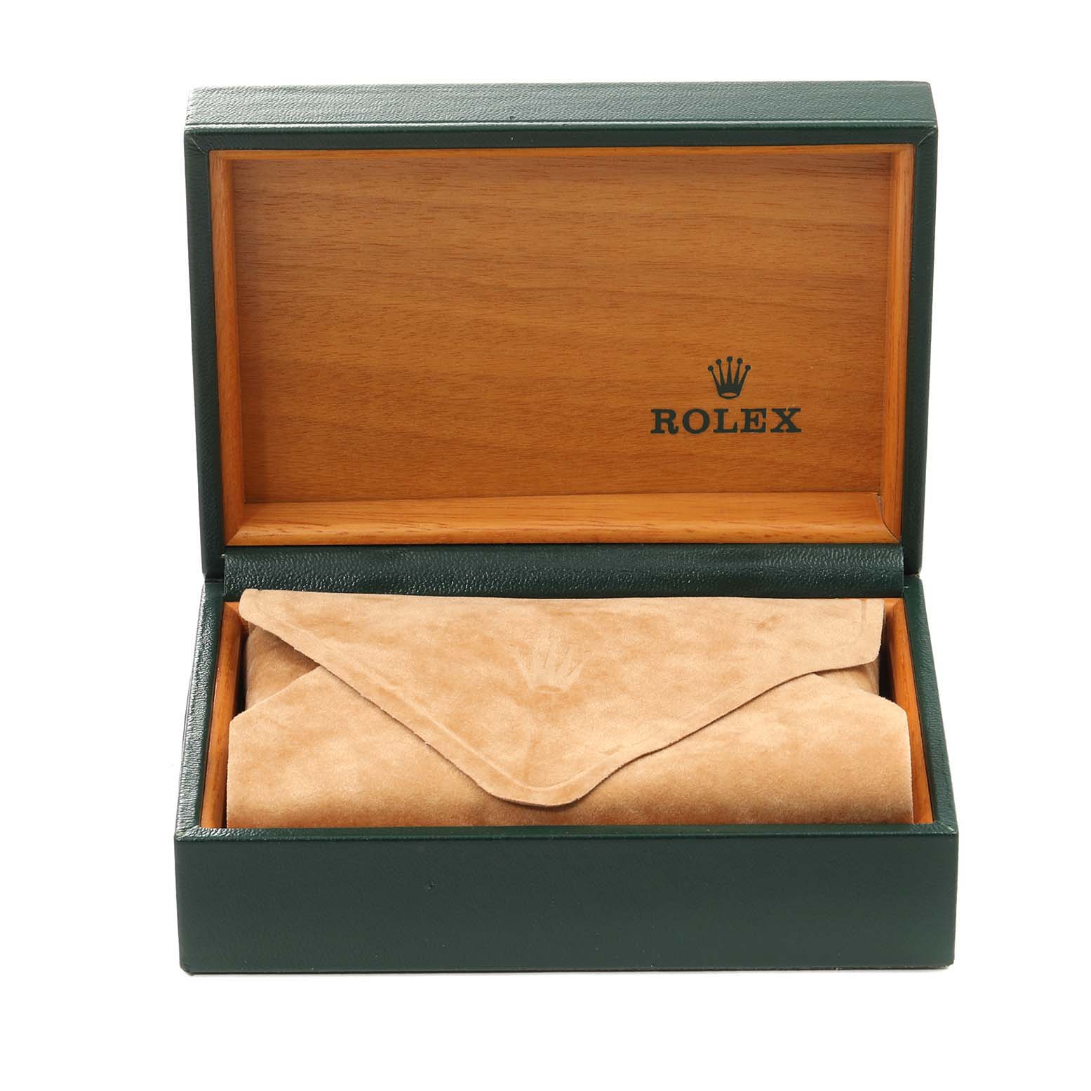 The image shows a Rolex Mid-Size 78274 Women
s Stainless Steel Pink Dial 78274 Women
s Stainless Steel Pink Dial watch box, with a tan suede pouch inside.