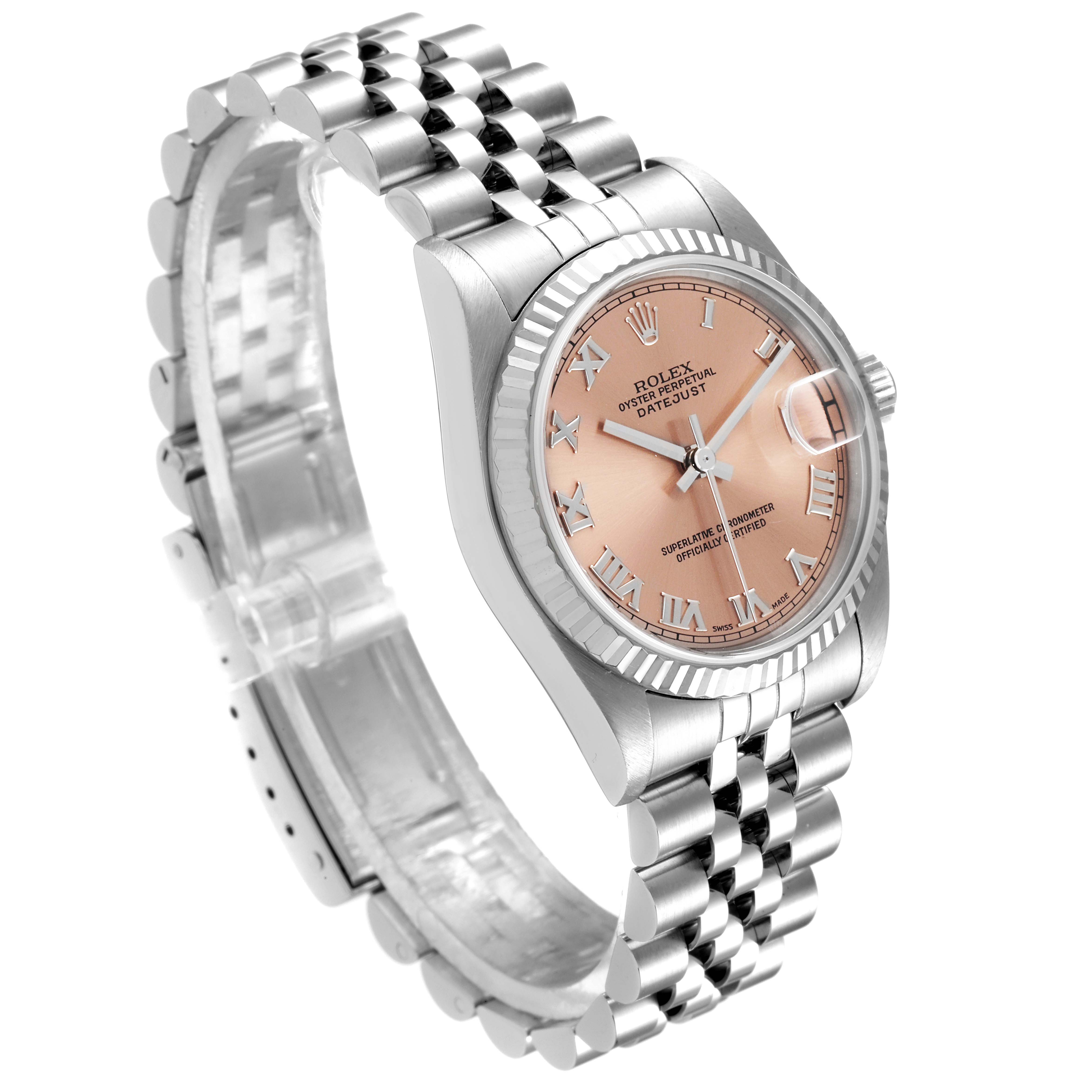 The Rolex Mid-Size 78274 Women
s Stainless Steel Pink Dial 78274 Women
s Stainless Steel Pink Dial Datejust watch is shown at a three-quarter angle highlighting its face, bezel, and bracelet.