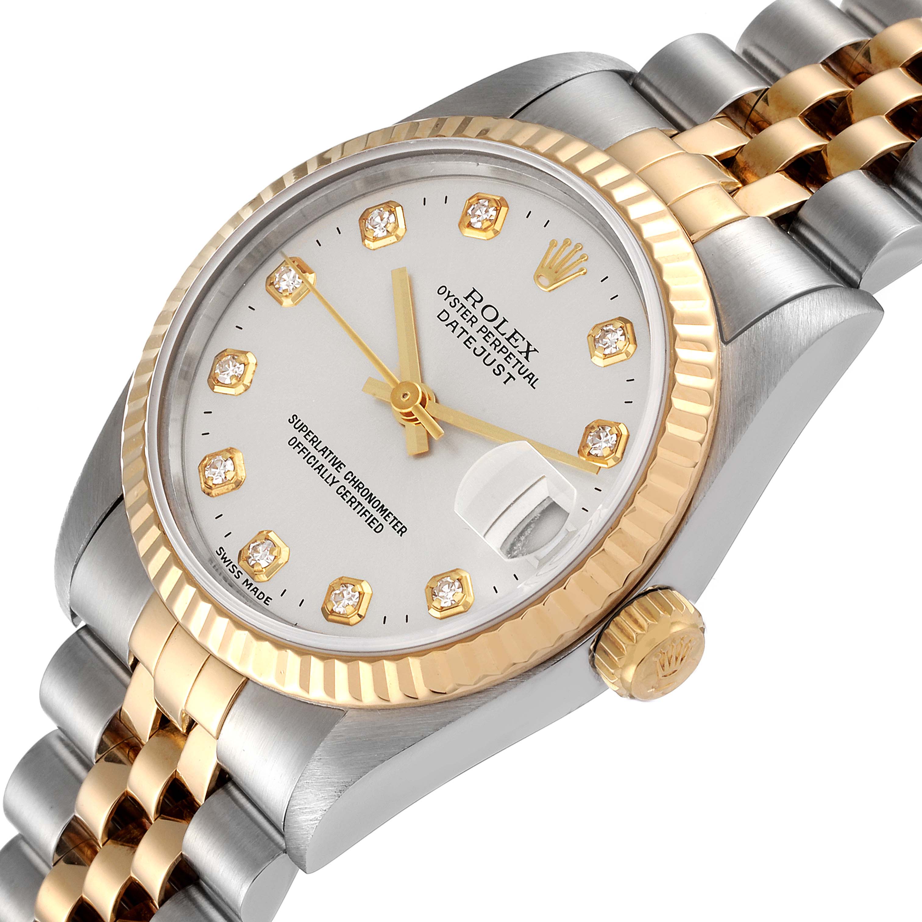 The Rolex Mid-Size 68273 Women
s Steel and Gold (two tone) Silver Dial 68273 Women
s Steel and Gold (two tone) Silver Dial Datejust is shown at an angled view highlighting the face, bracelet, and crown.