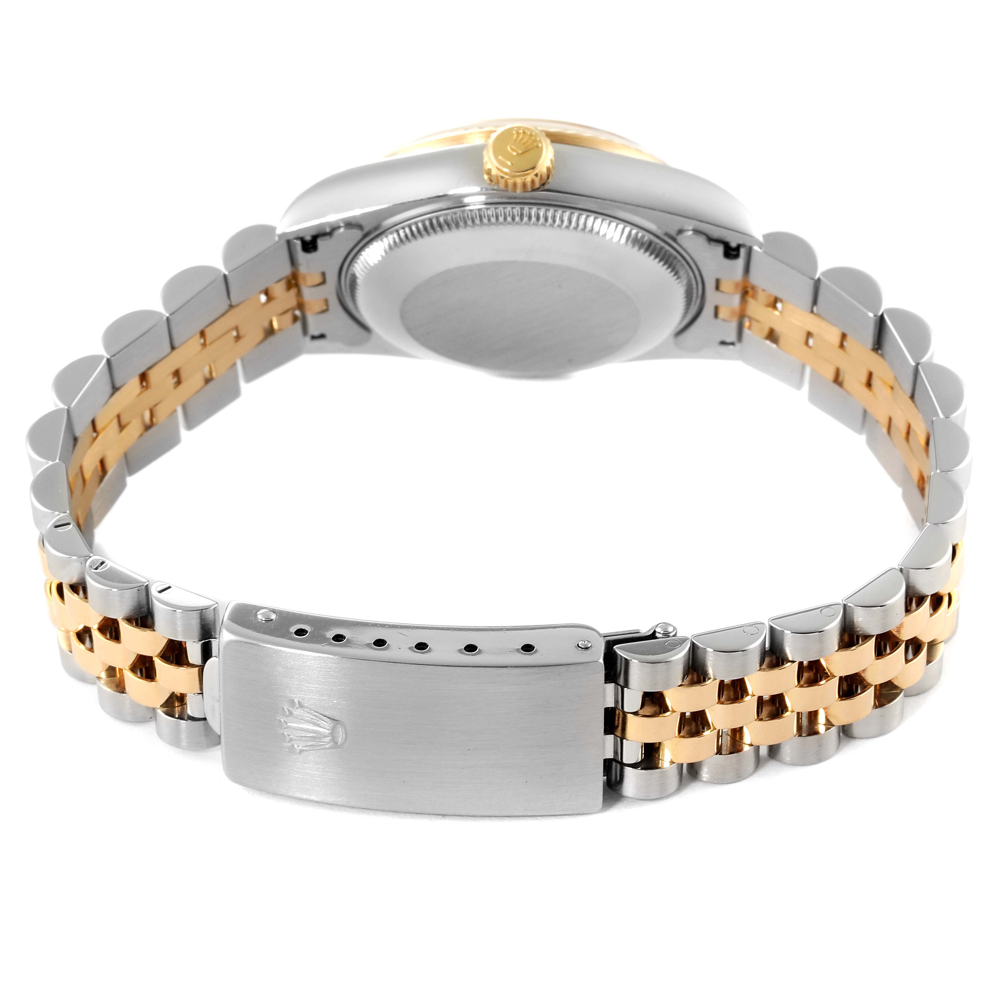 The image shows the back view of a Rolex Mid-Size 68273 Women
s Steel and Gold (two tone) Silver Dial 68273 Women
s Steel and Gold (two tone) Silver Dial model, focusing on the case back, crown, and two-tone bracelet with a clasp.