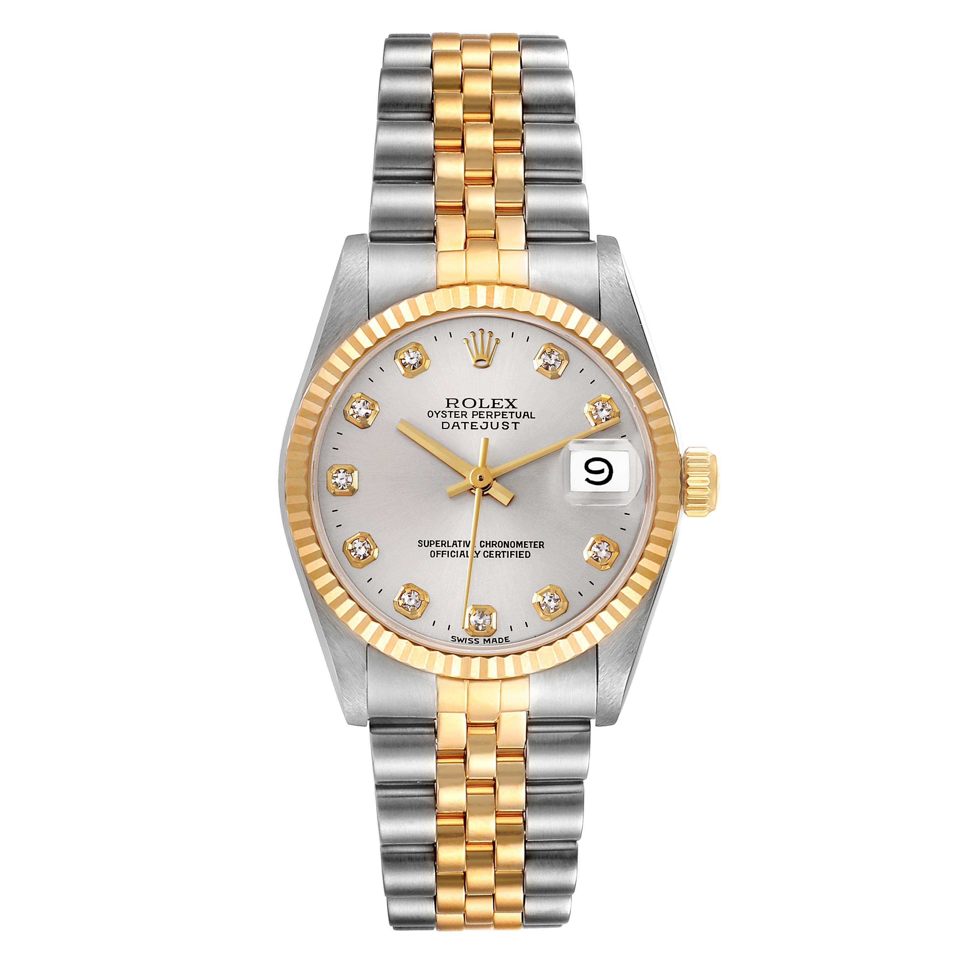 This image shows a front view of a Mid-Size Rolex Datejust watch, featuring a gold and silver bracelet, diamond hour markers, and a date window.