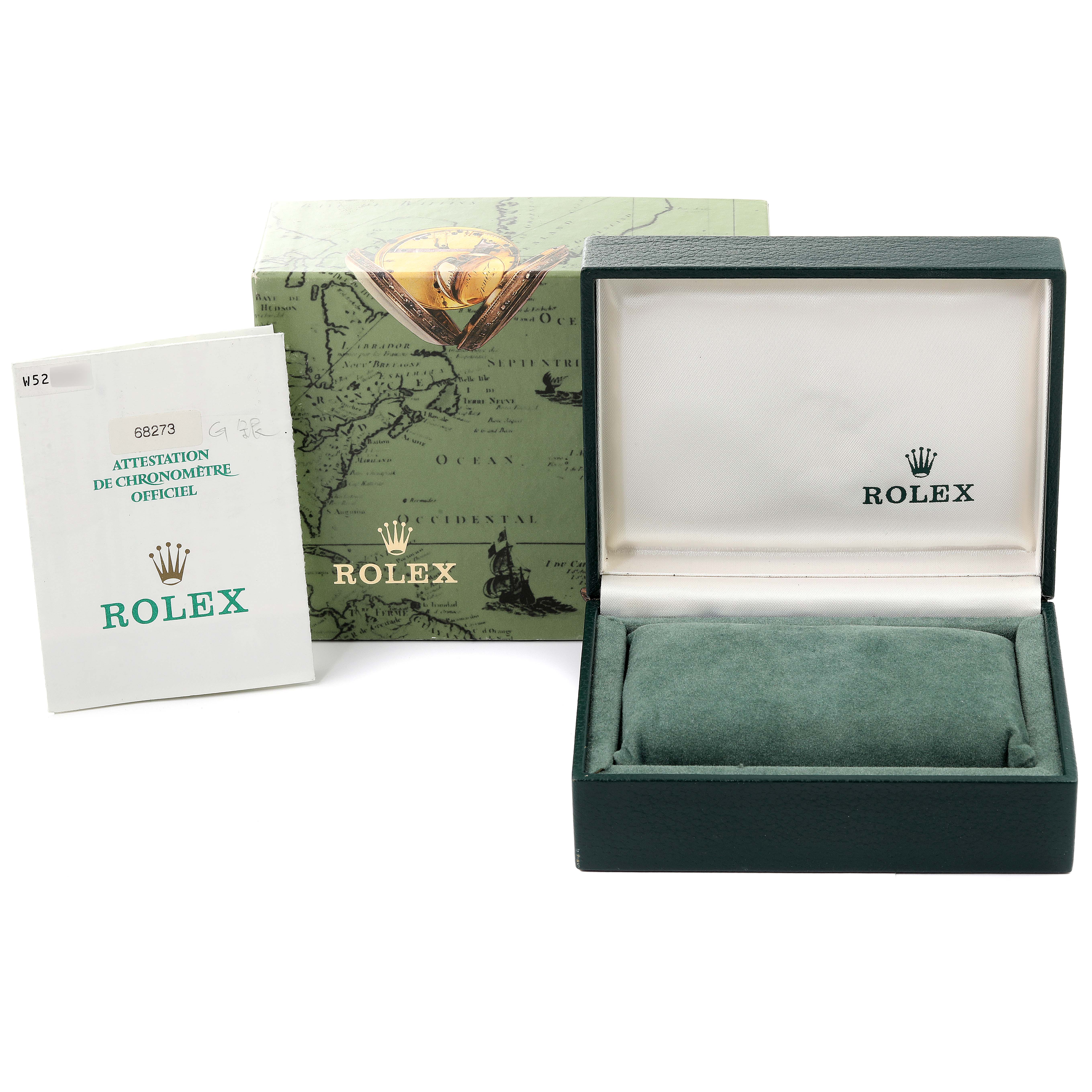 The image shows an open Rolex Mid-Size 68273 Women
s Steel and Gold (two tone) Silver Dial 68273 Women
s Steel and Gold (two tone) Silver Dial watch box with an accompanying certificate and outer packaging.