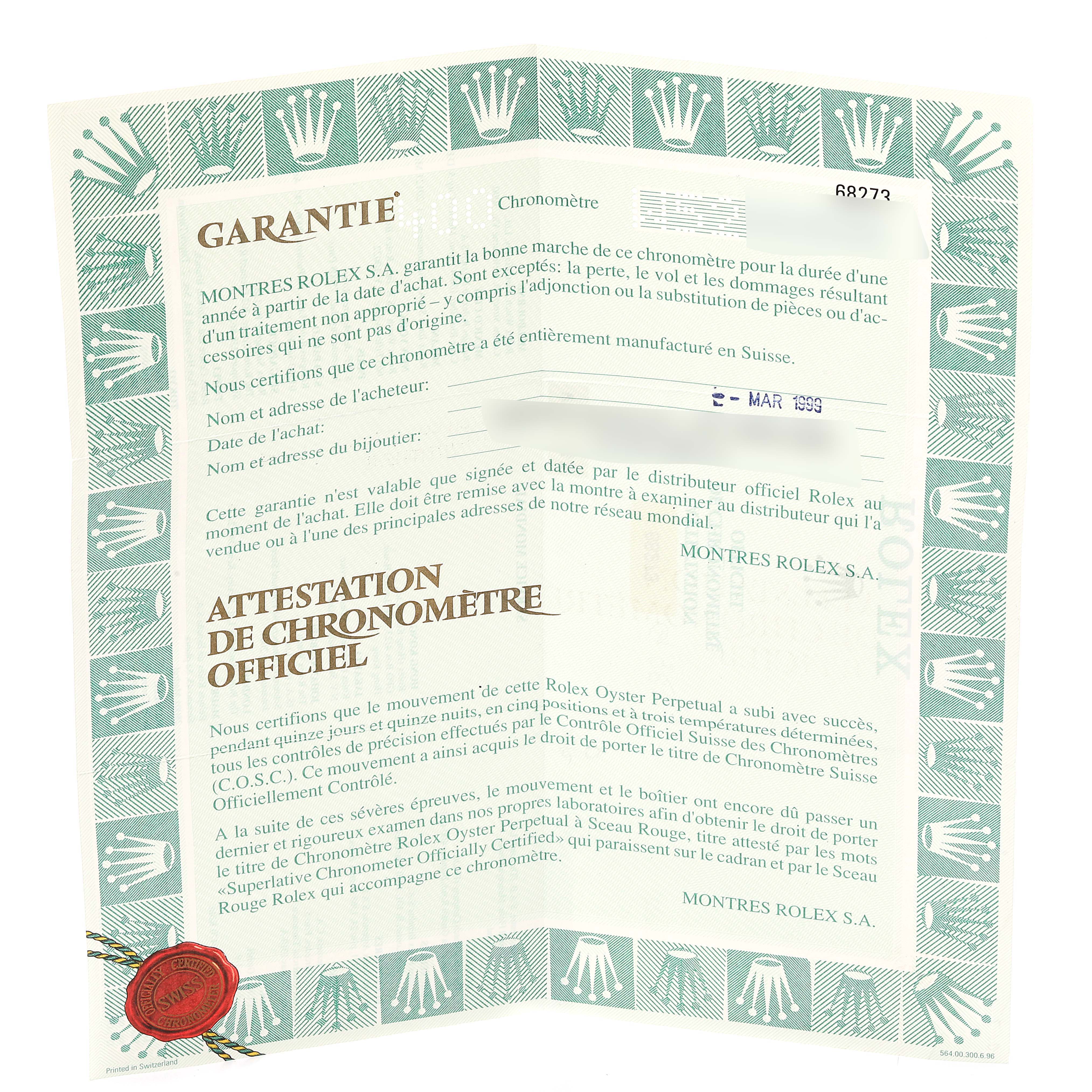 The image shows an open warranty and chronometer certificate for a Rolex Mid-Size 68273 Women
s Steel and Gold (two tone) Silver Dial 68273 Women
s Steel and Gold (two tone) Silver Dial watch.