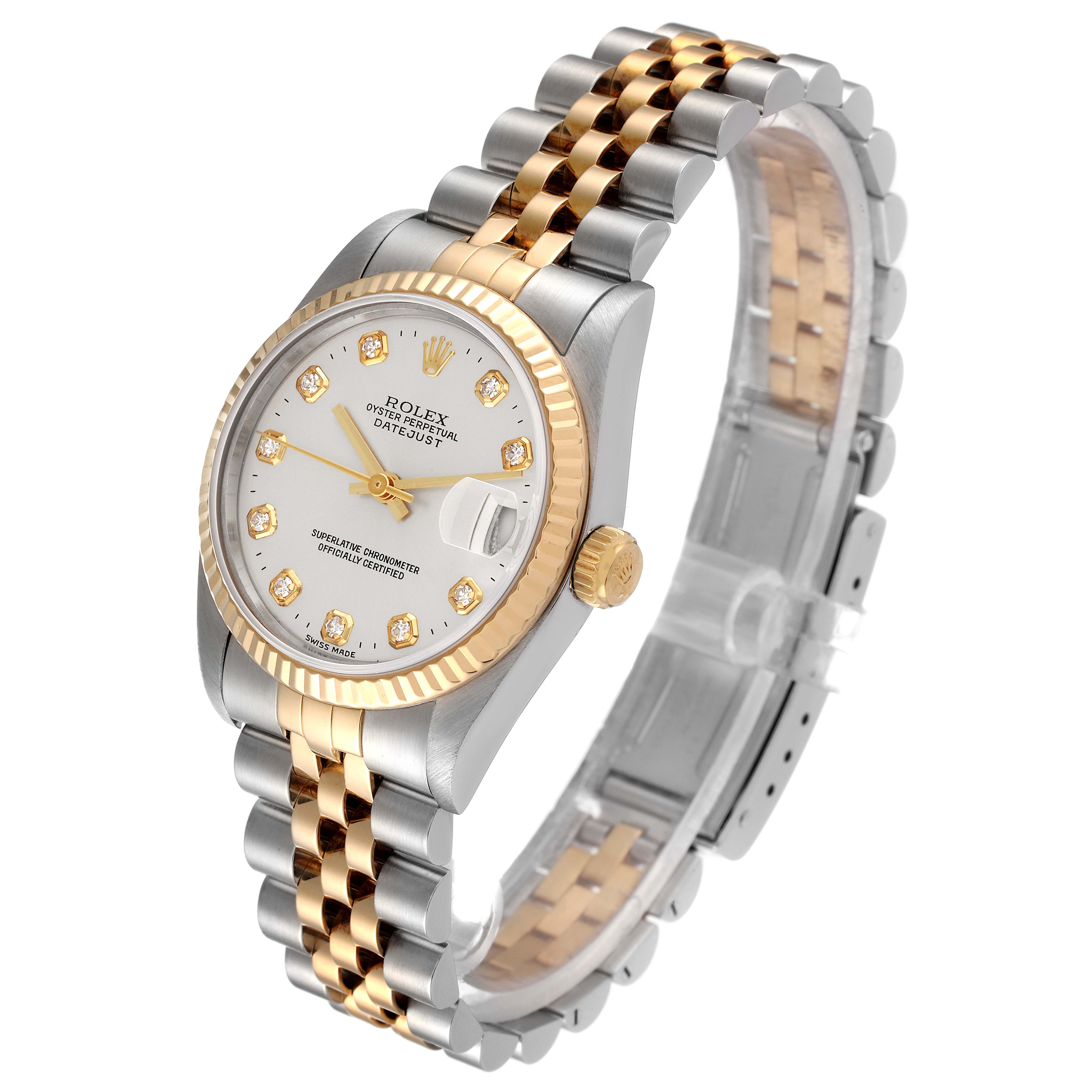 This image shows a Rolex Datejust Mid-Size watch from a slight top-side angle, highlighting its dial, bezel, crown, and bracelet.