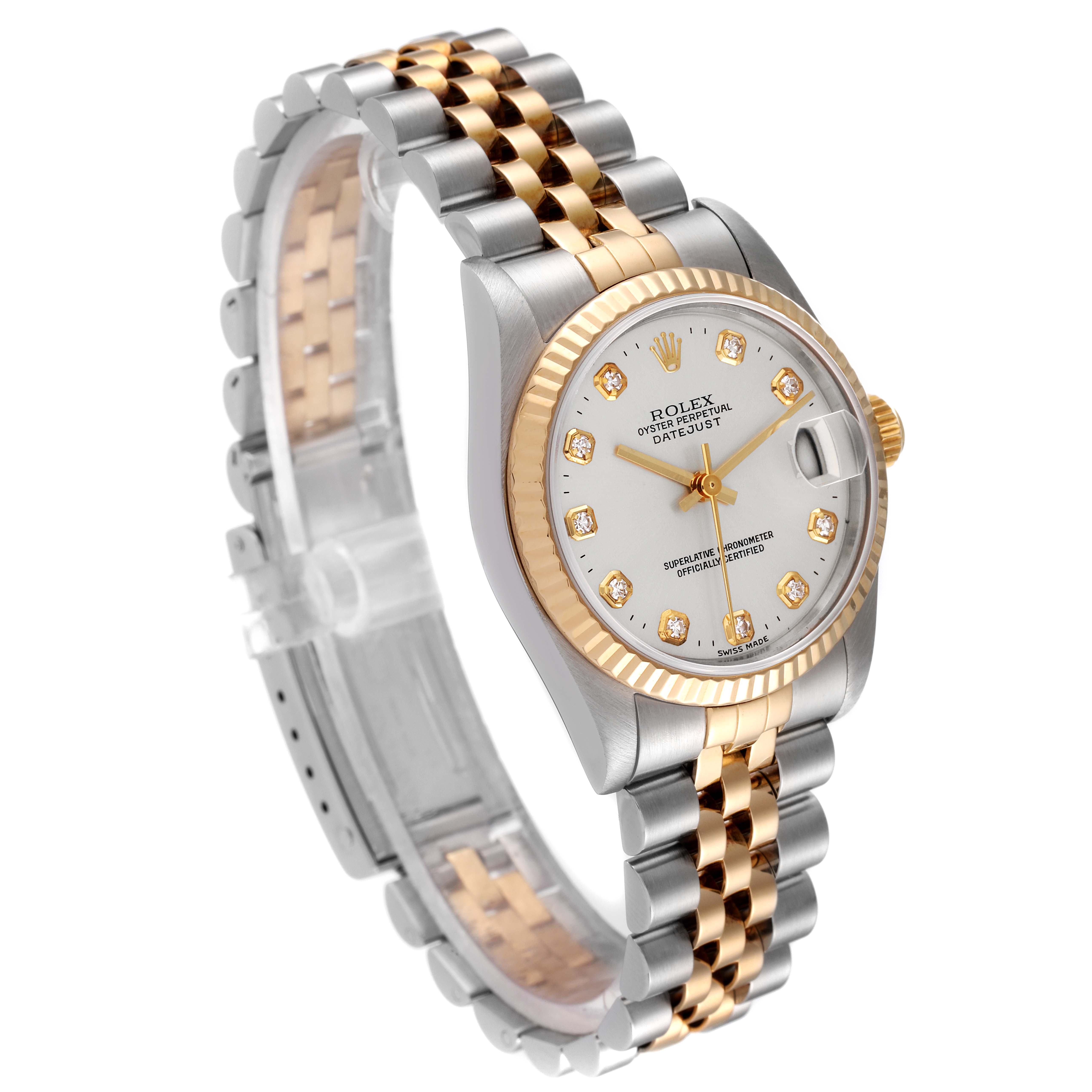 This image shows a Rolex Mid-Size 68273 Women
s Steel and Gold (two tone) Silver Dial 68273 Women
s Steel and Gold (two tone) Silver Dial Datejust watch angled to display its dial, bezel, and two-tone bracelet.