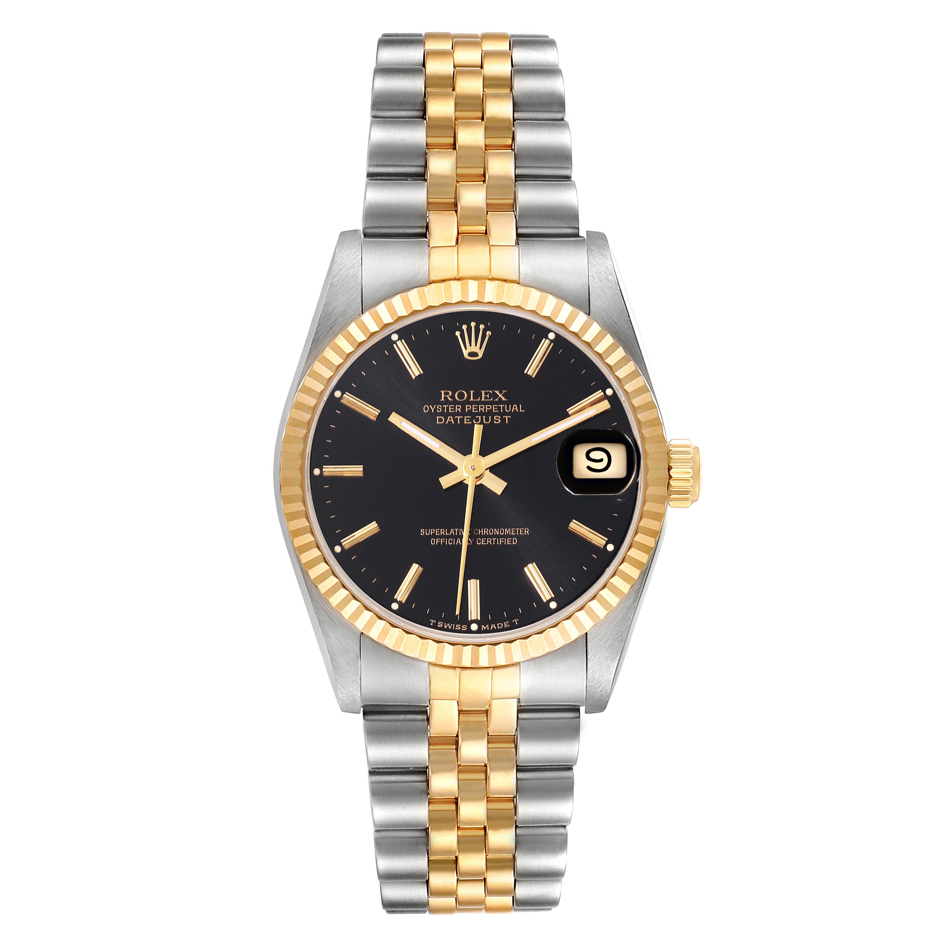 This image shows a front view of a Rolex Mid-Size 68273 Women's Steel and Gold (two tone) Black Dial 68273 Women's Steel and Gold (two tone) Black Dial Oyster Perpetual Datejust watch, highlighting the black dial, two-tone bracelet, and fluted bezel.