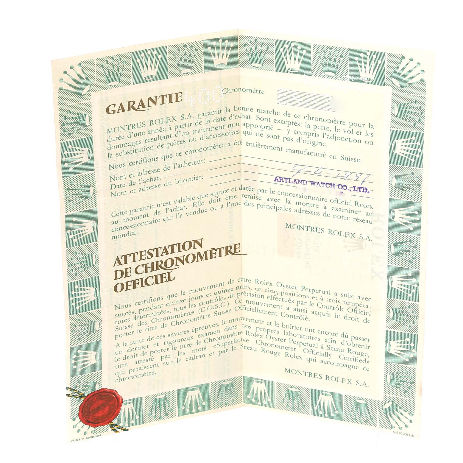 This is a warranty certificate for the Rolex Mid-Size 68273 Women's Steel and Gold (two tone) Black Dial 68273 Women's Steel and Gold (two tone) Black Dial model, displaying official chronometer attestation and purchase details.