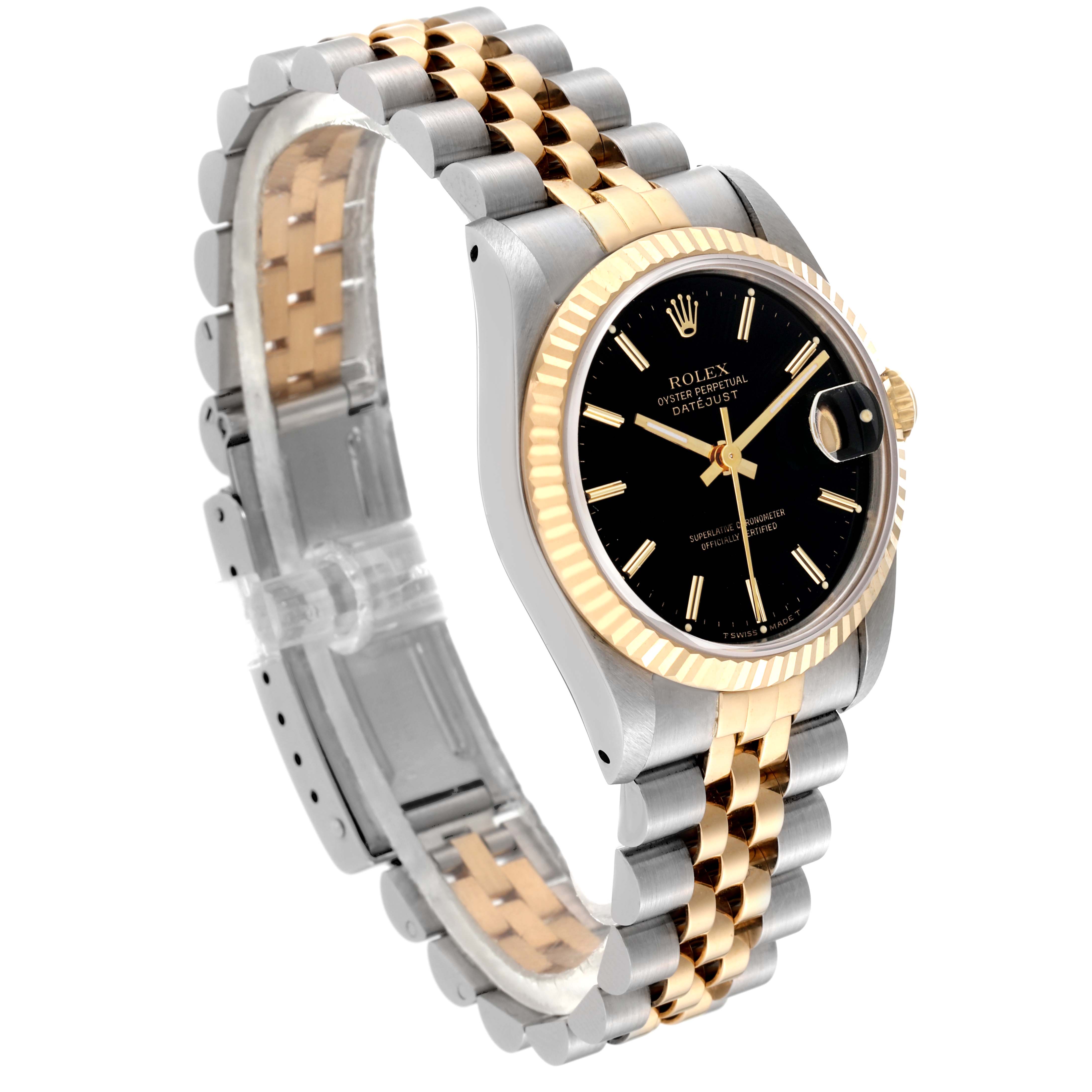 The Rolex Mid-Size 68273 Women's Steel and Gold (two tone) Black Dial 68273 Women's Steel and Gold (two tone) Black Dial model watch is shown at an angle, displaying the dial, bezel, and two-tone bracelet.