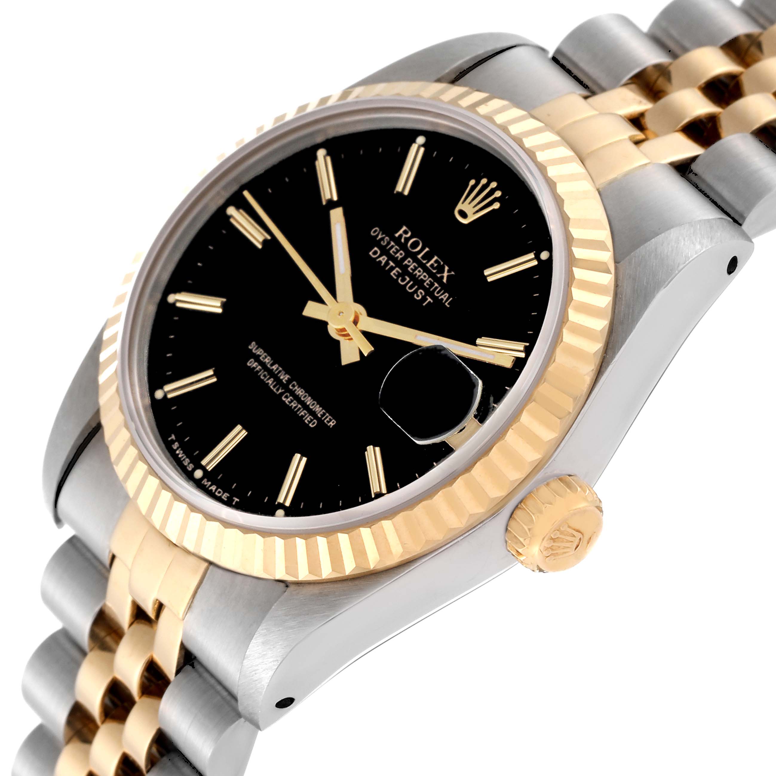 The image shows a side angle of the Rolex Mid-Size 68273 Women's Steel and Gold (two tone) Black Dial 68273 Women's Steel and Gold (two tone) Black Dial Datejust watch, highlighting the bezel, crown, dial, and bracelet.