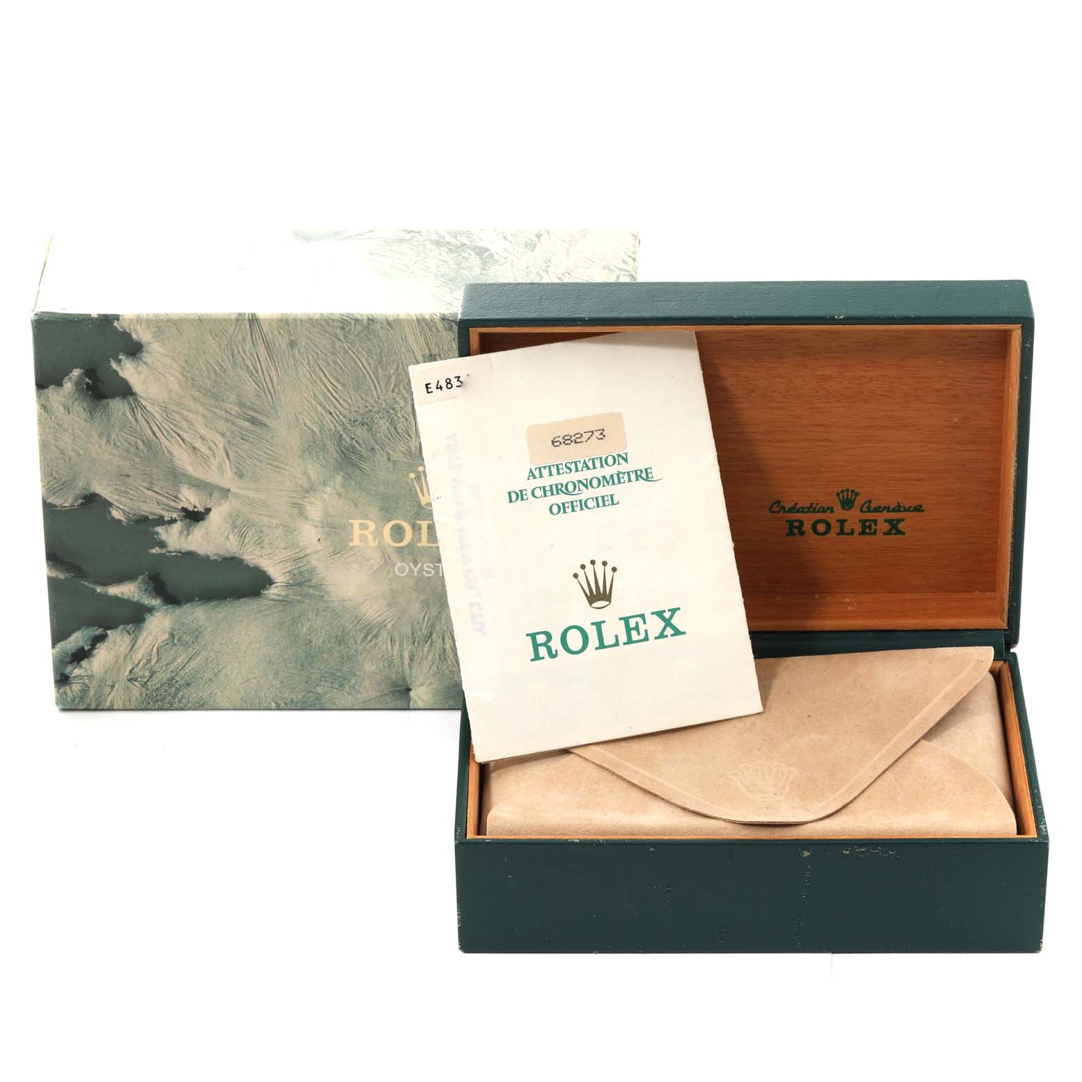 The image shows the packaging and official certification for a Mid-Size Rolex watch, including a box, pouch, and documents.